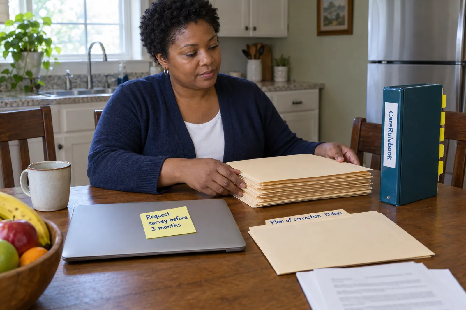 A Georgia home care agency owner at her kitchen table lining up client folders, with a sticky note on her laptop reading Request survey before 3 months, a folder labelled Plan of correction: 10 days, and her CareRulebook binder