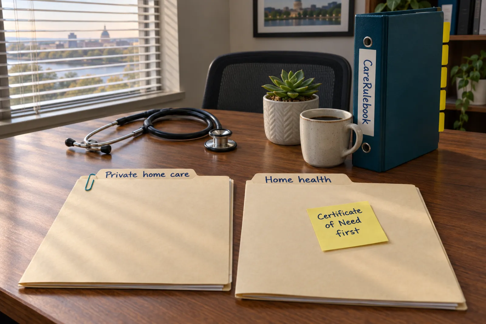 Two folders on a desk labelled Private home care and Home health, the second with a sticky note reading Certificate of Need first, beside a stethoscope and a CareRulebook binder