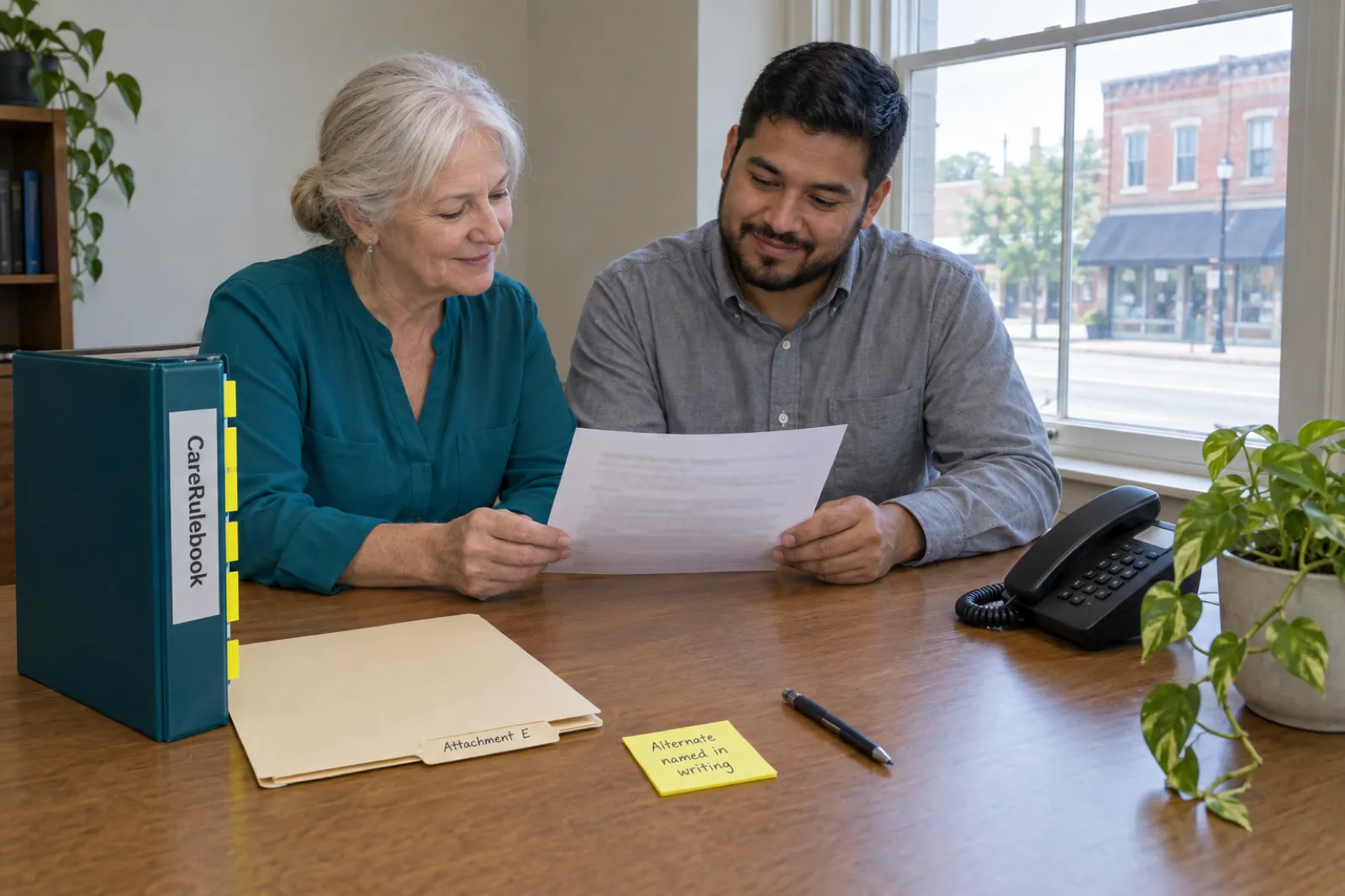 Two people read a page together at an office table, beside a CareRulebook binder, a folder labelled Attachment E, a desk phone and a sticky note reading Alternate named in writing