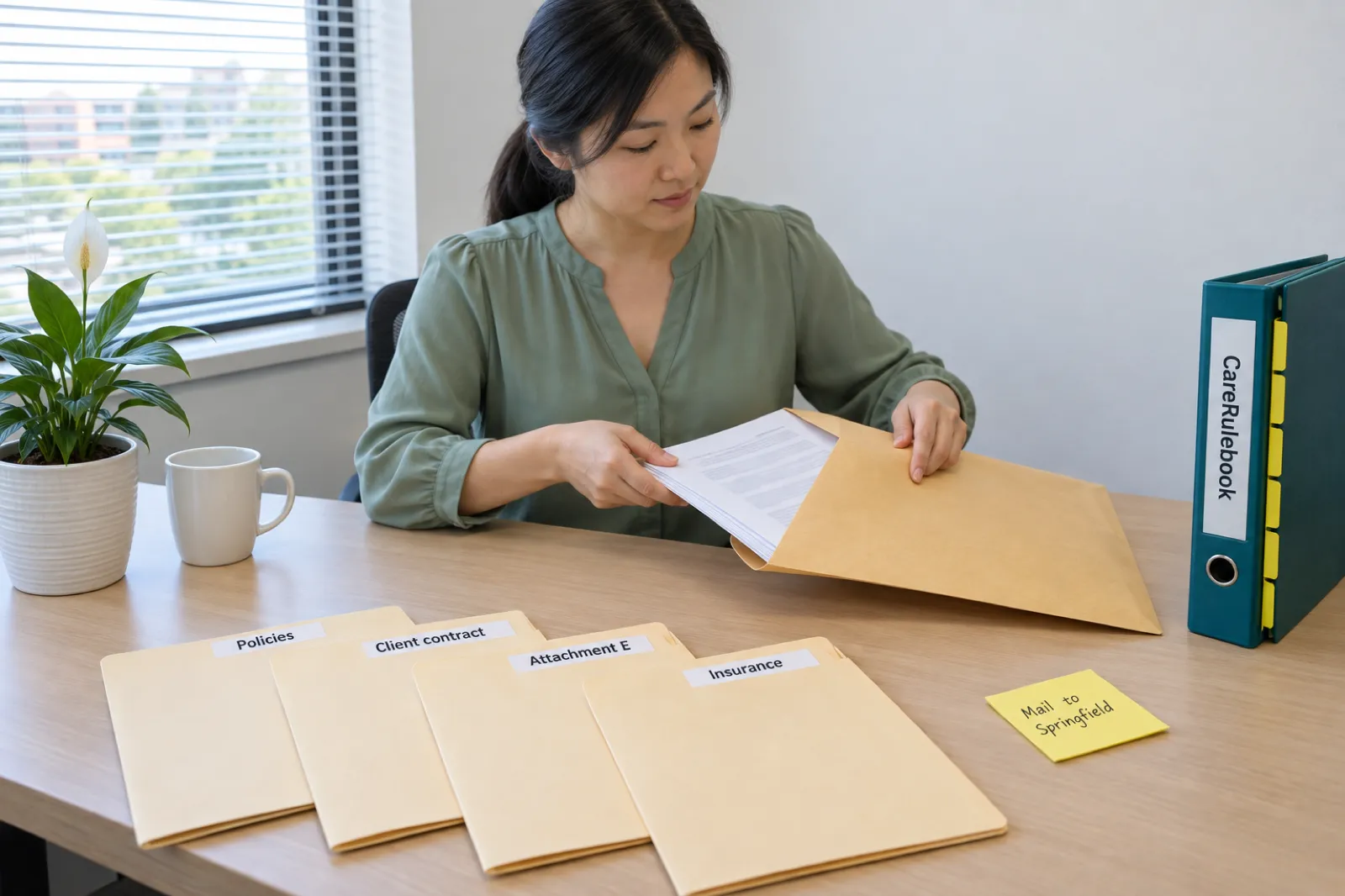 A home care founder in a small Naperville office slides documents into a manila envelope beside folders labelled Policies, Client contract, Attachment E and Insurance, a sticky note reading Mail to Springfield and a CareRulebook binder