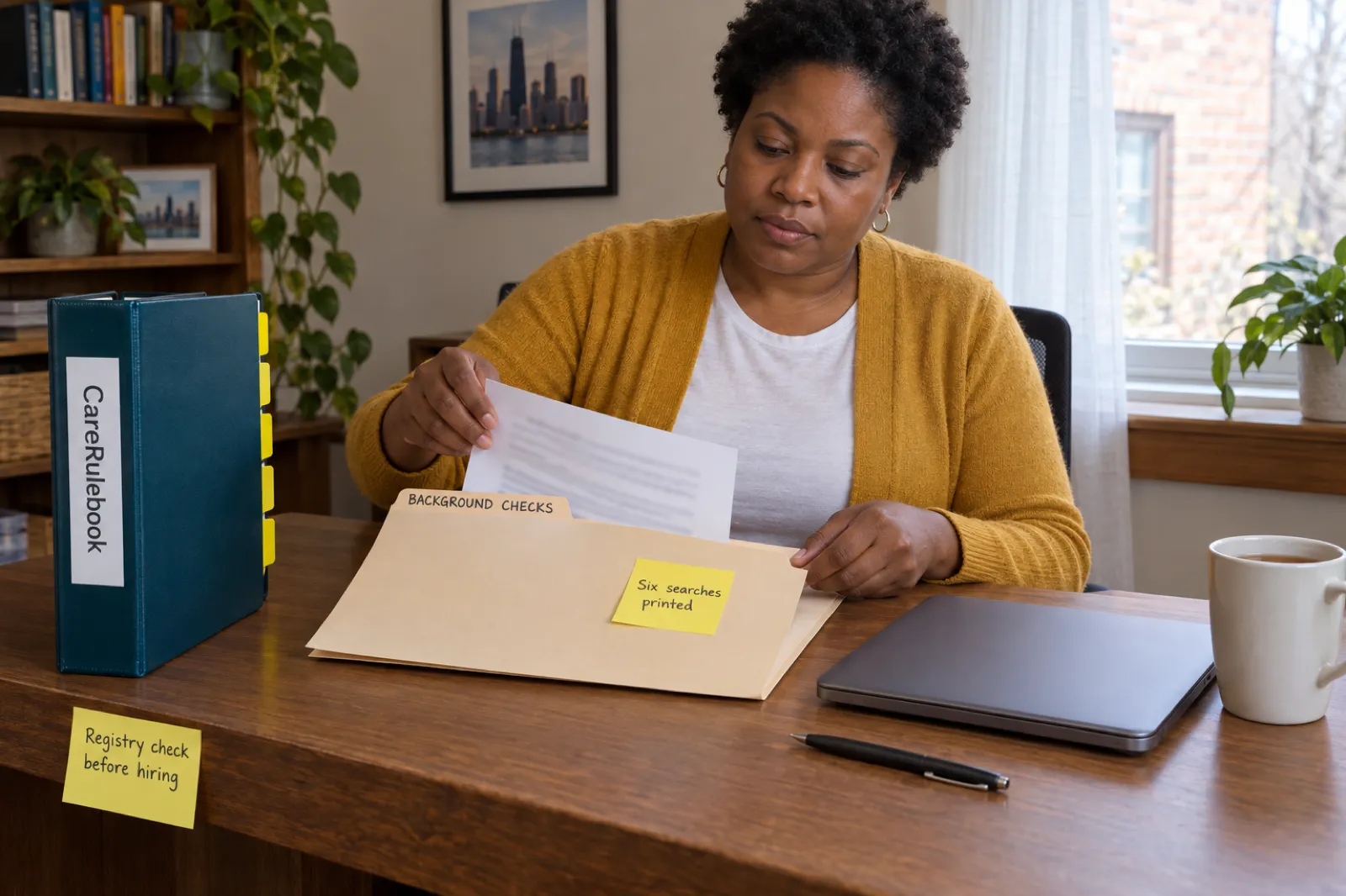 A woman at a desk files a printout into a folder labelled Background checks with a sticky note reading Six searches printed, beside a CareRulebook binder and a sticky note on the desk reading Registry check before hiring