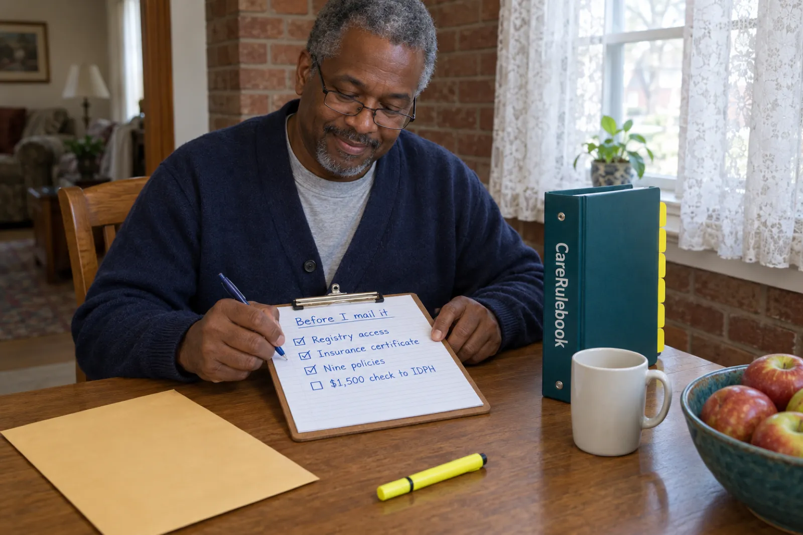 A home care founder at a kitchen table in Peoria ticks a handwritten list headed Before I mail it, reading Registry access, Insurance certificate, Nine policies and $1,500 check to IDPH, beside a CareRulebook binder and a manila envelope