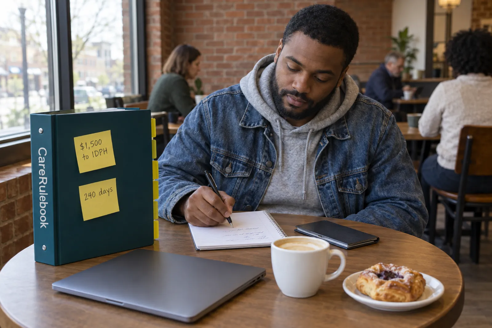 A home care founder writes in a notepad at a café table beside a closed checkbook and a CareRulebook binder with sticky notes reading $1,500 to IDPH and 240 days