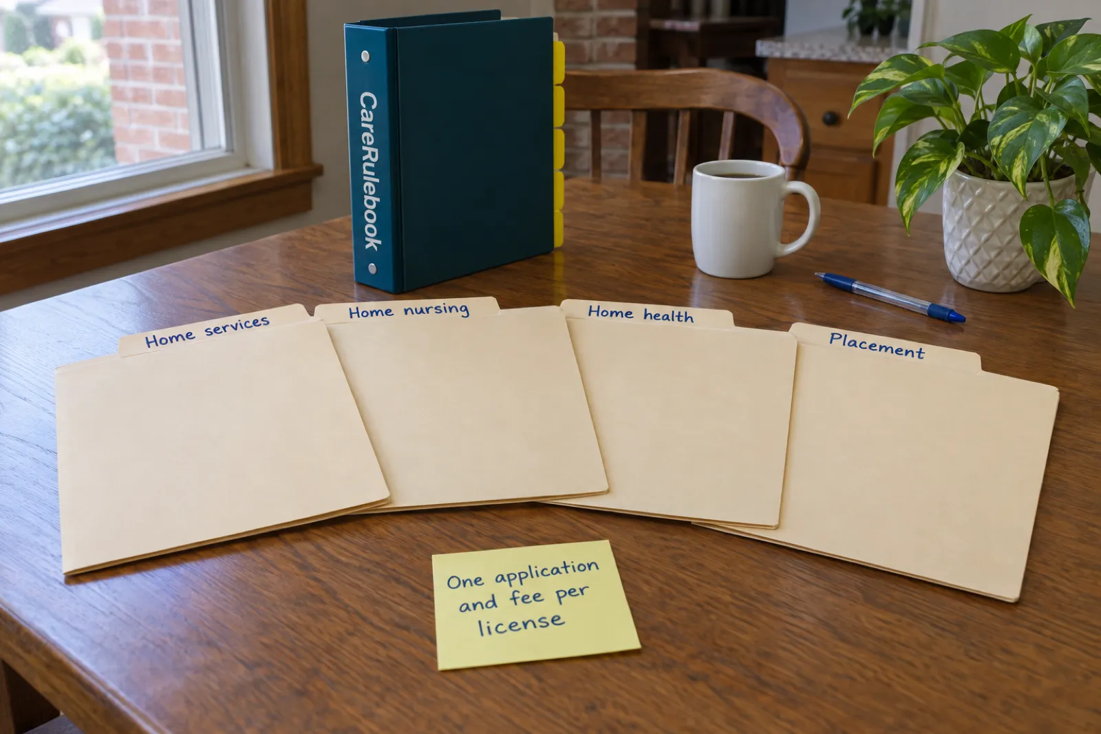 Four manila folders on a wooden table labelled Home services, Home nursing, Home health and Placement, with a sticky note reading One application and fee per license, beside a CareRulebook binder