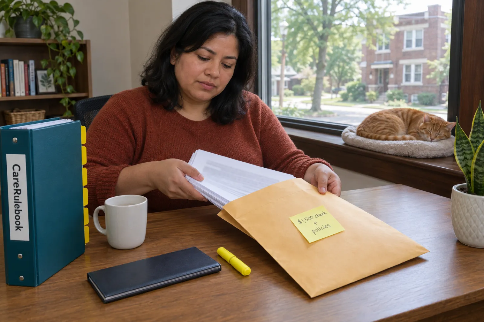 A home care founder in a Chicago bungalow slides printed policies into a mailing envelope with a sticky note reading $1,500 check + policies, beside a CareRulebook binder, while a cat sleeps on the windowsill