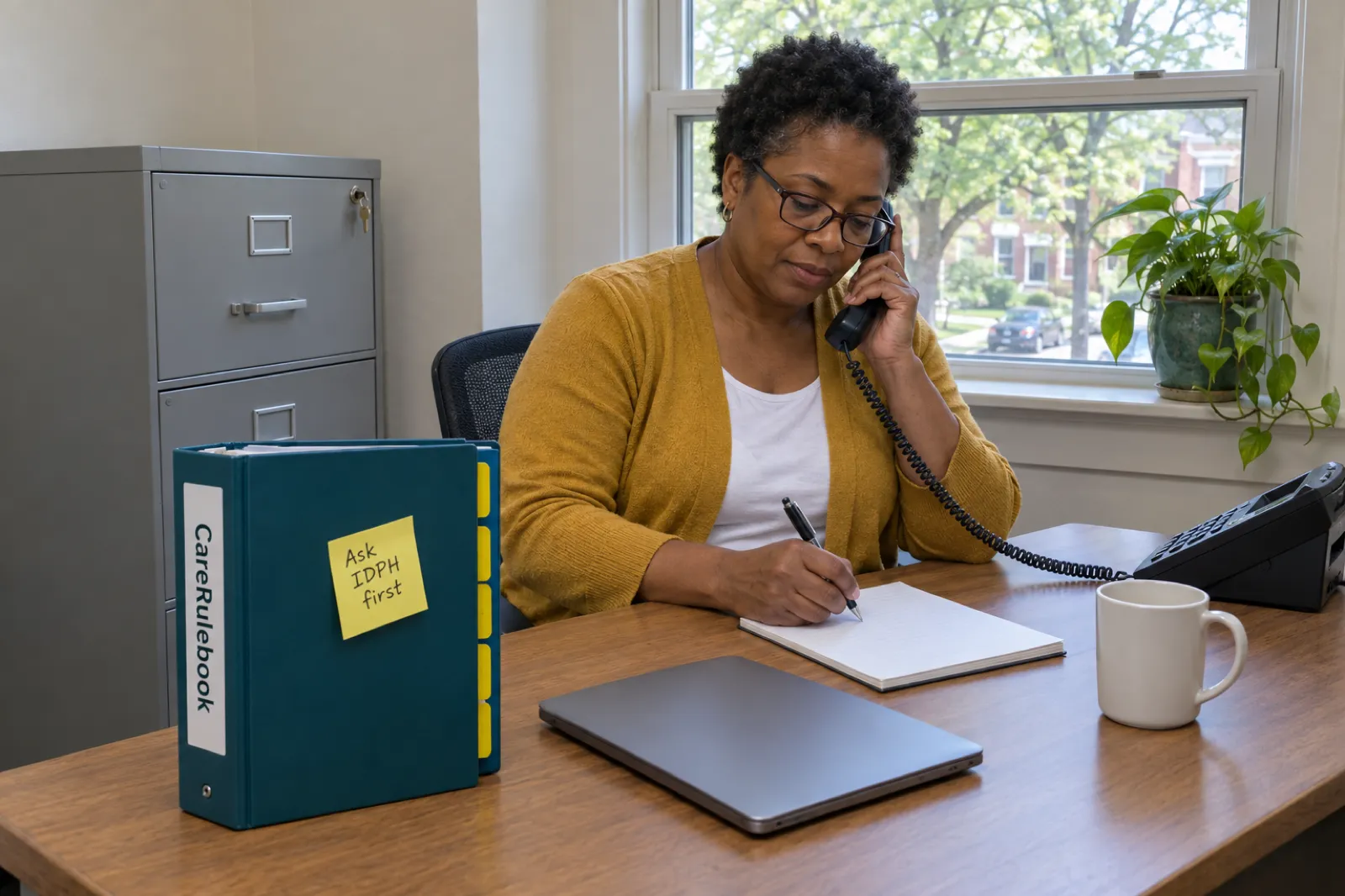 A founder on the phone at her desk in a small office, beside a grey filing cabinet with a key in its lock and a CareRulebook binder with a sticky note reading Ask IDPH first