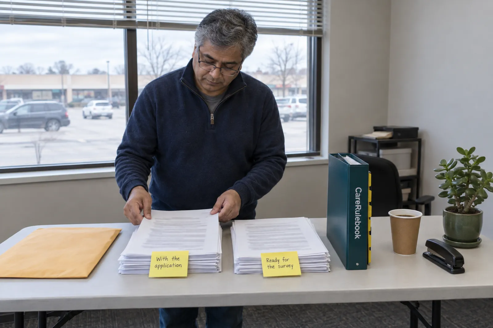 A home care founder in a small rented office sorts printed policies into two piles, one with a sticky note reading With the application and one reading Ready for the survey, beside a CareRulebook binder and a mailing envelope