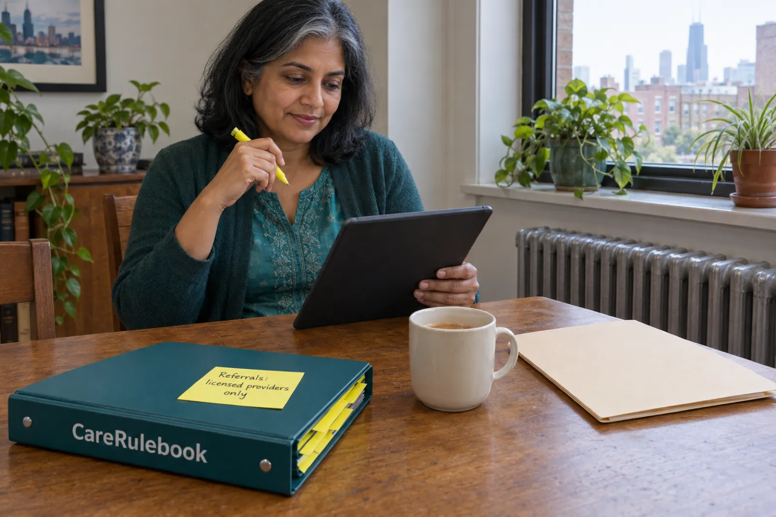 A home care agency owner reads on a tablet at her kitchen table, beside a CareRulebook binder with a sticky note reading Referrals: licensed providers only