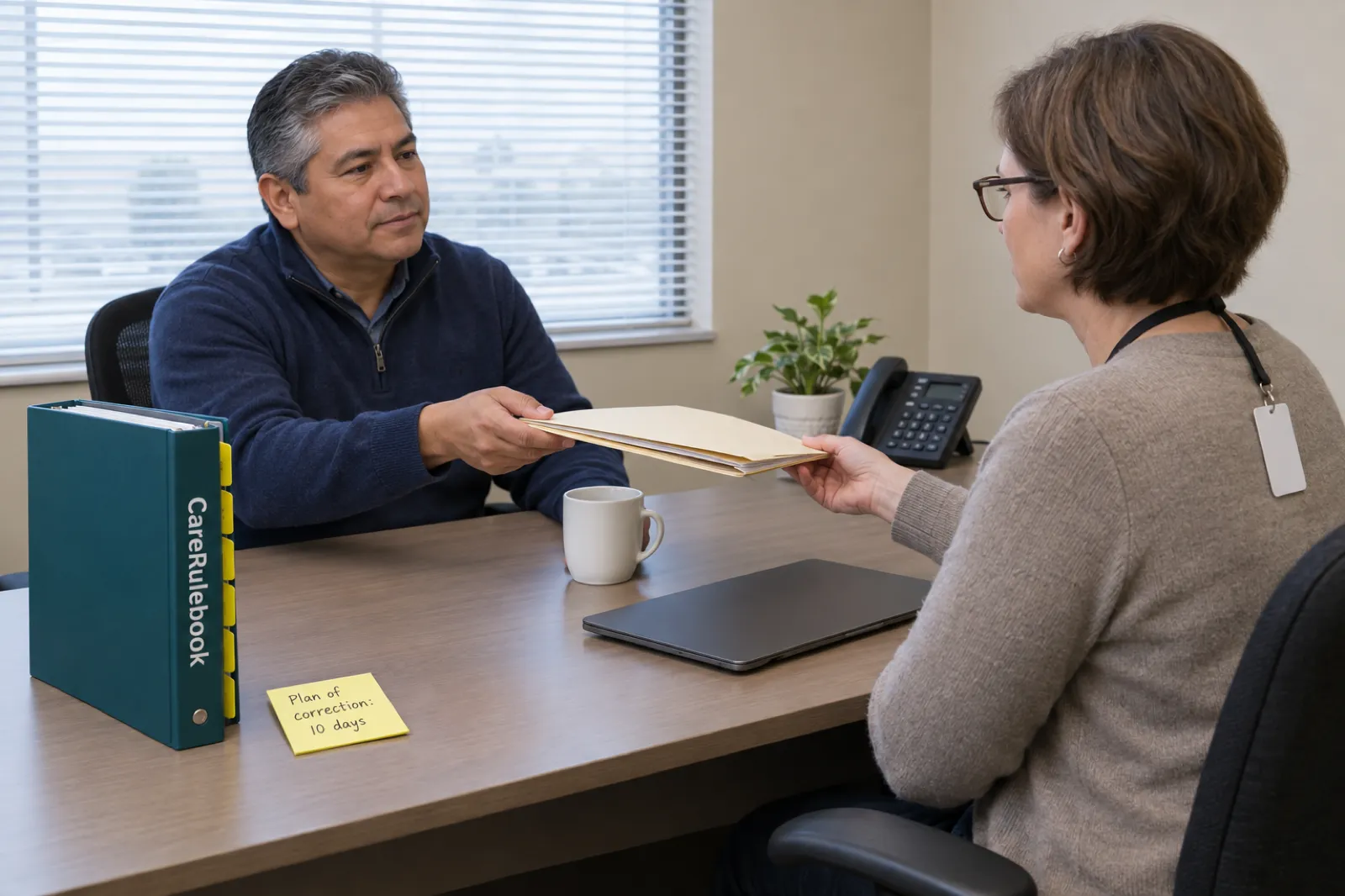 A home care agency manager hands a file folder across his desk to a visitor, next to a CareRulebook binder and a sticky note reading Plan of correction: 10 days