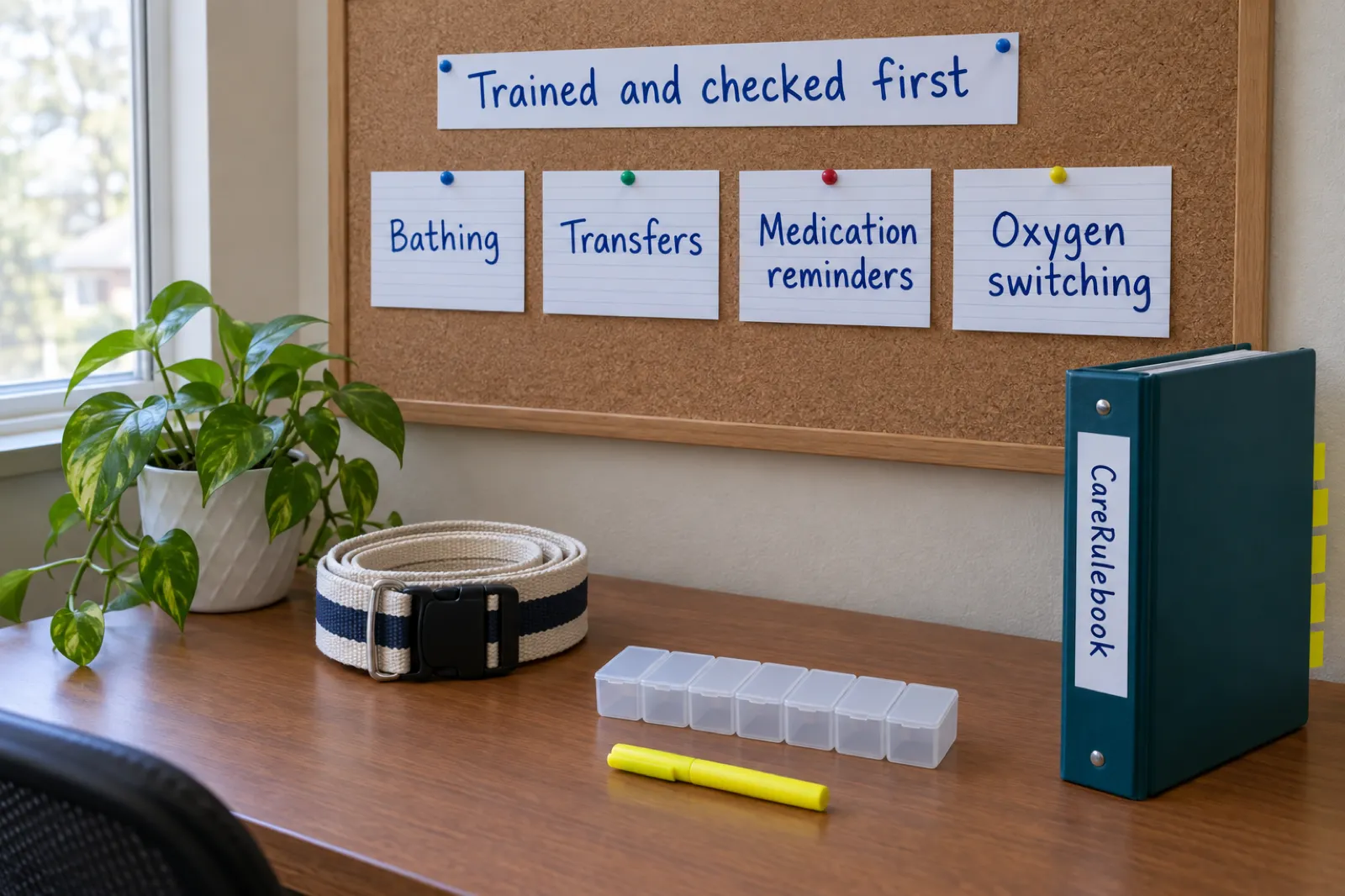 A cork board with index cards reading Bathing, Transfers, Medication reminders and Oxygen switching under a strip reading Trained and checked first, above a desk with a gait belt, a pill organizer and a CareRulebook binder