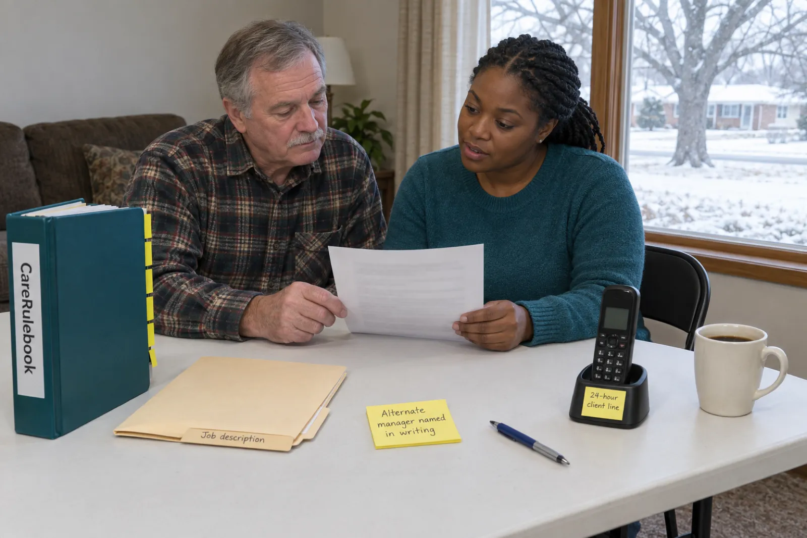An older man in a flannel shirt and a woman in a teal sweater read a page together at a table beside a CareRulebook binder, a folder labelled Job description, a sticky note reading Alternate manager named in writing and a cordless phone whose cradle carries a note reading 24-hour client line