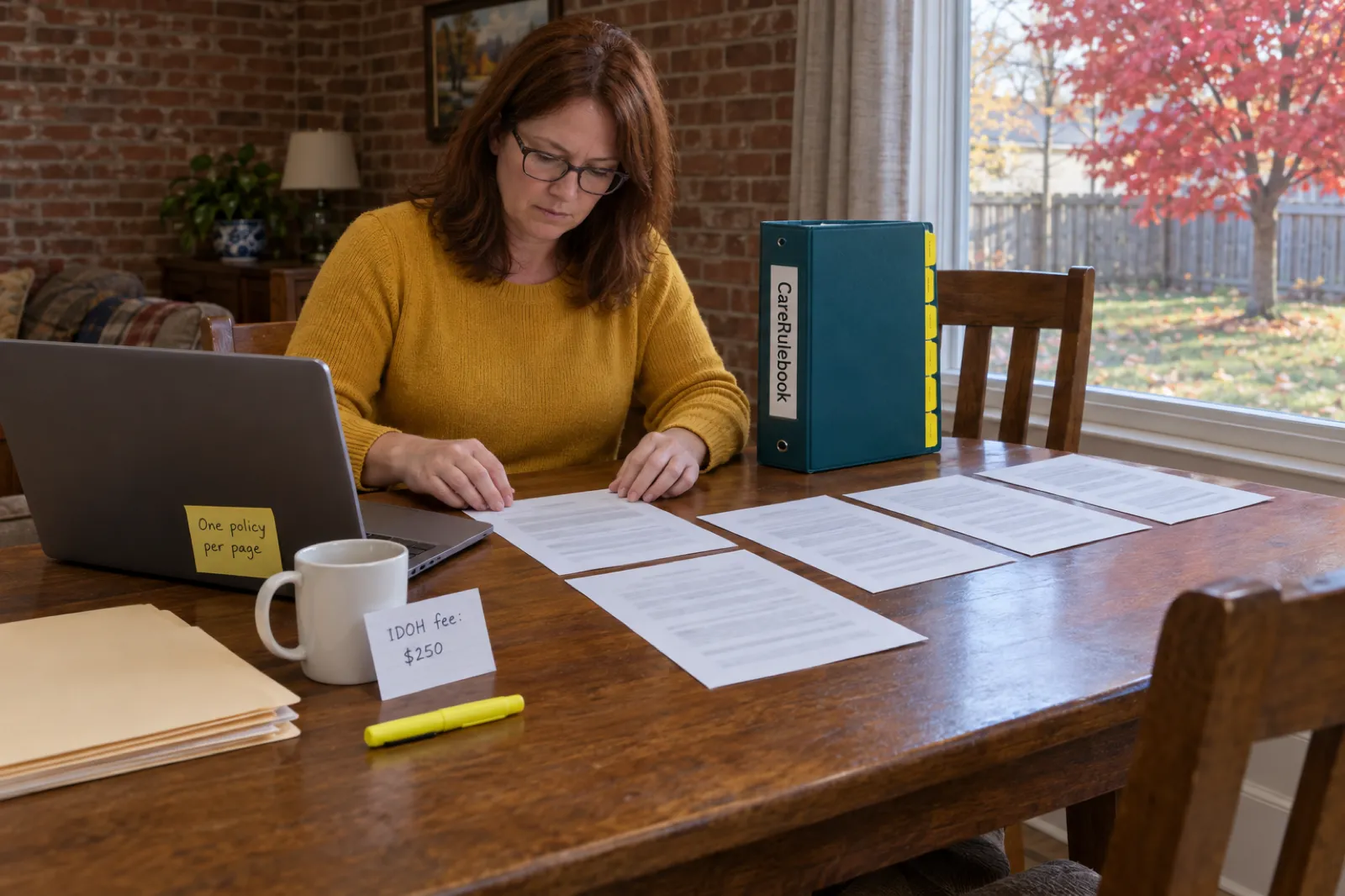 A founder in a mustard sweater lays printed pages out one by one across a dining table, beside a CareRulebook binder, a laptop with a sticky note reading One policy per page and an index card reading IDOH fee: $250, with a red maple tree outside the window