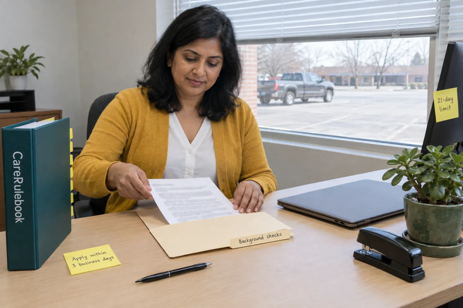 A woman in a mustard cardigan files a printed page into a folder labelled Background checks, beside a CareRulebook binder, a sticky note on the desk reading Apply within 3 business days and one on the monitor reading 21-day limit