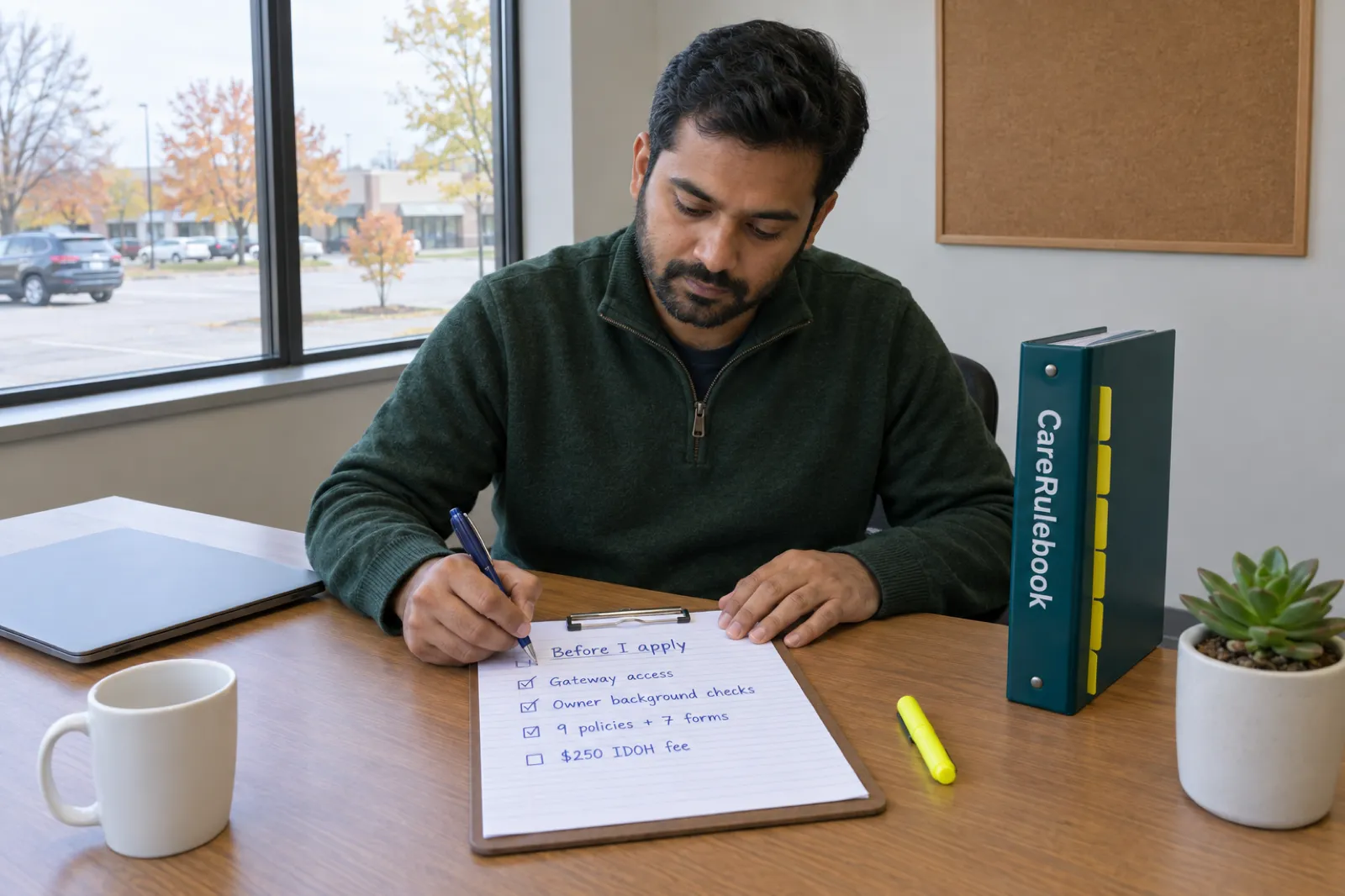 A founder in a green sweater ticks a handwritten list headed Before I apply, reading Gateway access, Owner background checks, 9 policies + 7 forms and $250 IDOH fee, beside a CareRulebook binder in a small office looking out on a parking lot