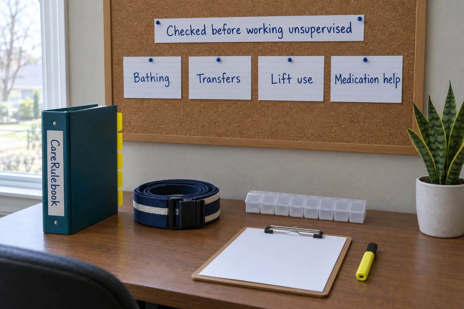 A cork board with index cards reading Bathing, Transfers, Lift use and Medication help under a strip reading Checked before working unsupervised, above a desk with a CareRulebook binder, a gait belt, a pill organizer and a blank clipboard