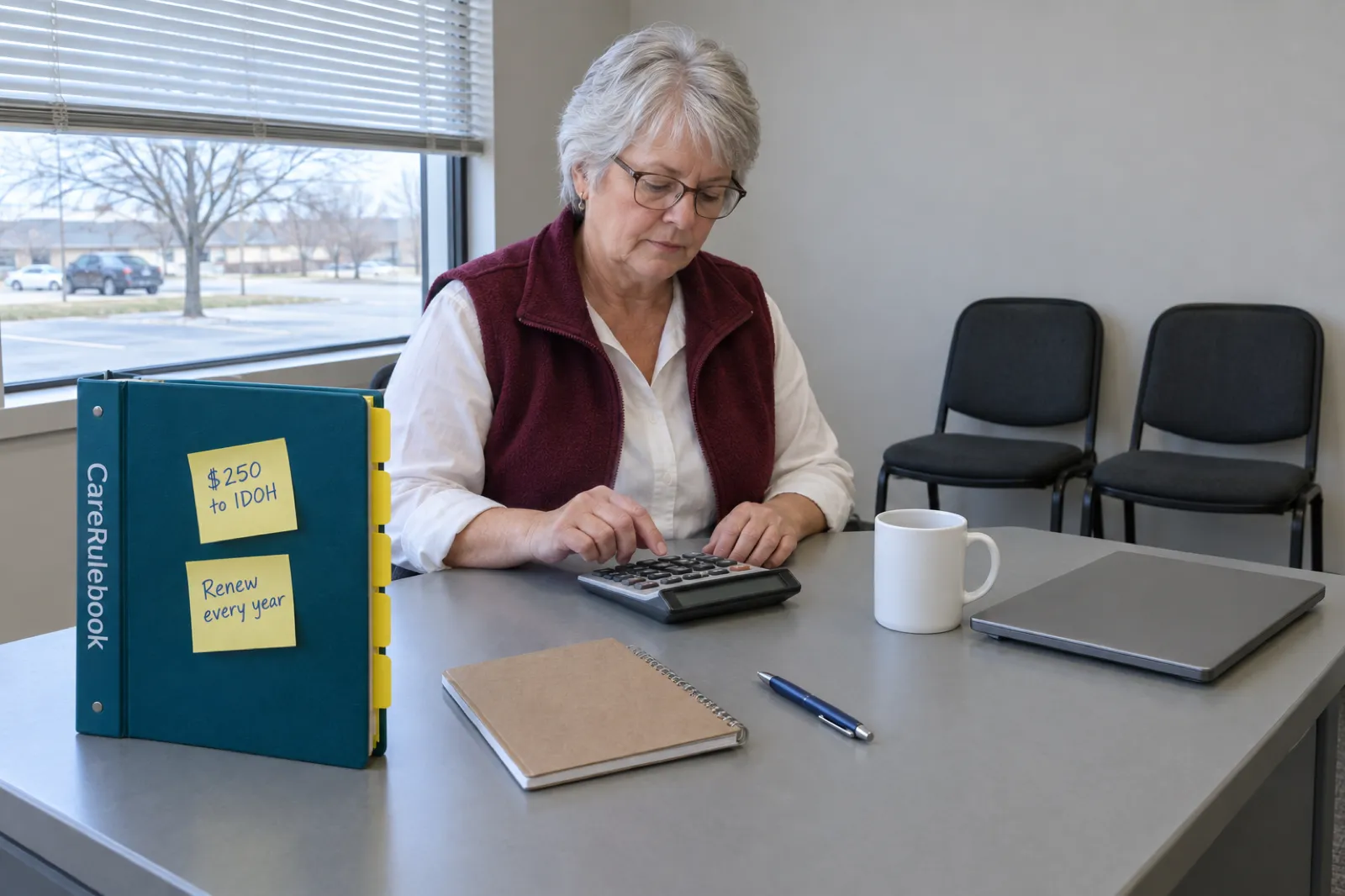 A founder in a burgundy fleece vest works on a calculator at a desk in a small office, beside a CareRulebook binder with sticky notes reading $250 to IDOH and Renew every year, a closed notepad and a closed laptop