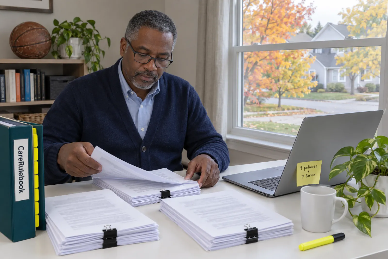 A man in a navy cardigan sorts printed pages into clipped stacks at a desk, beside a CareRulebook binder and a laptop with a sticky note reading 9 policies + 7 forms, with autumn trees outside the window