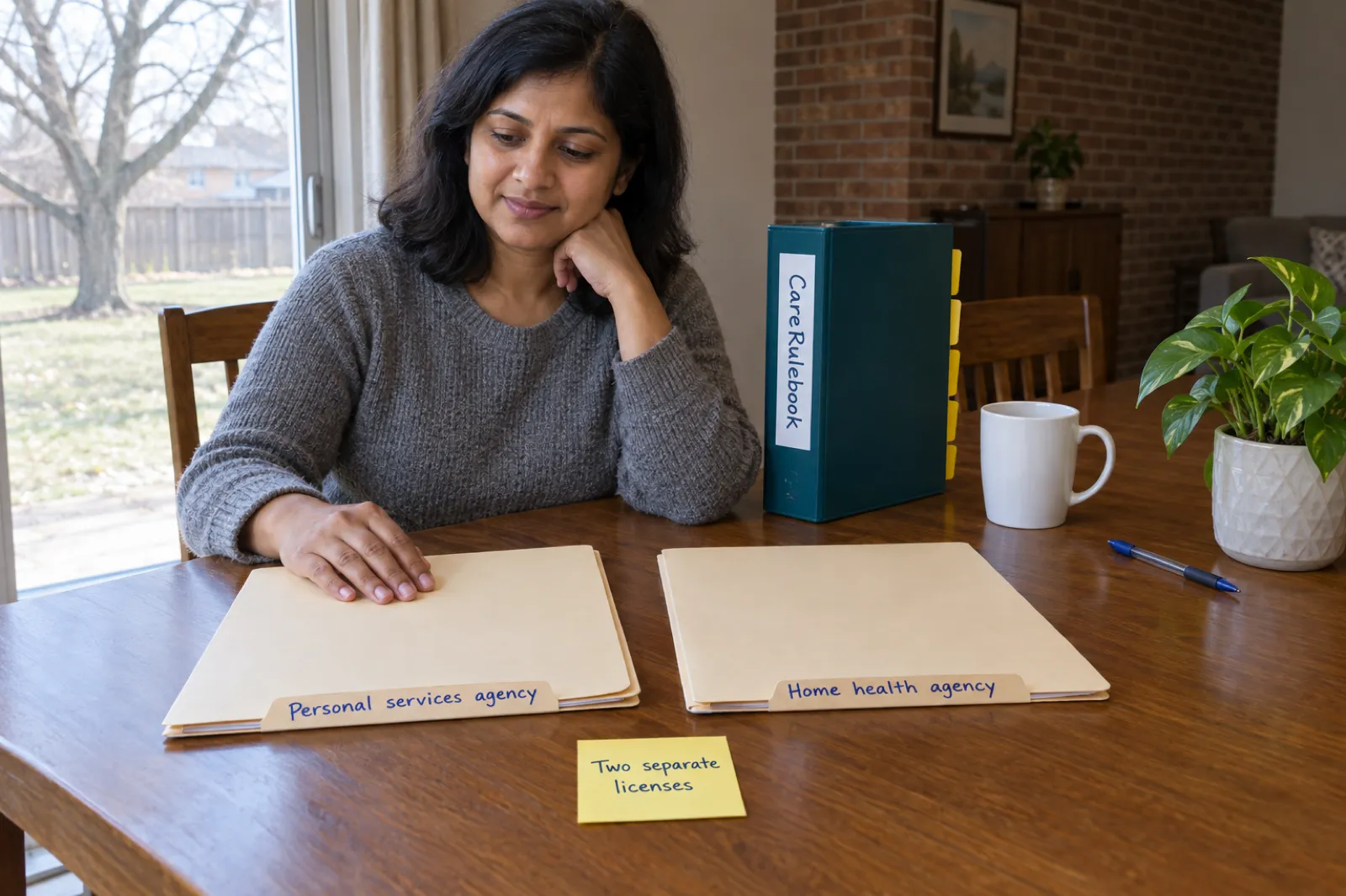 A woman in a grey sweater sits at a dining table with her hand on one of two manila folders labelled Personal services agency and Home health agency, a sticky note reading Two separate licenses between them and a CareRulebook binder behind