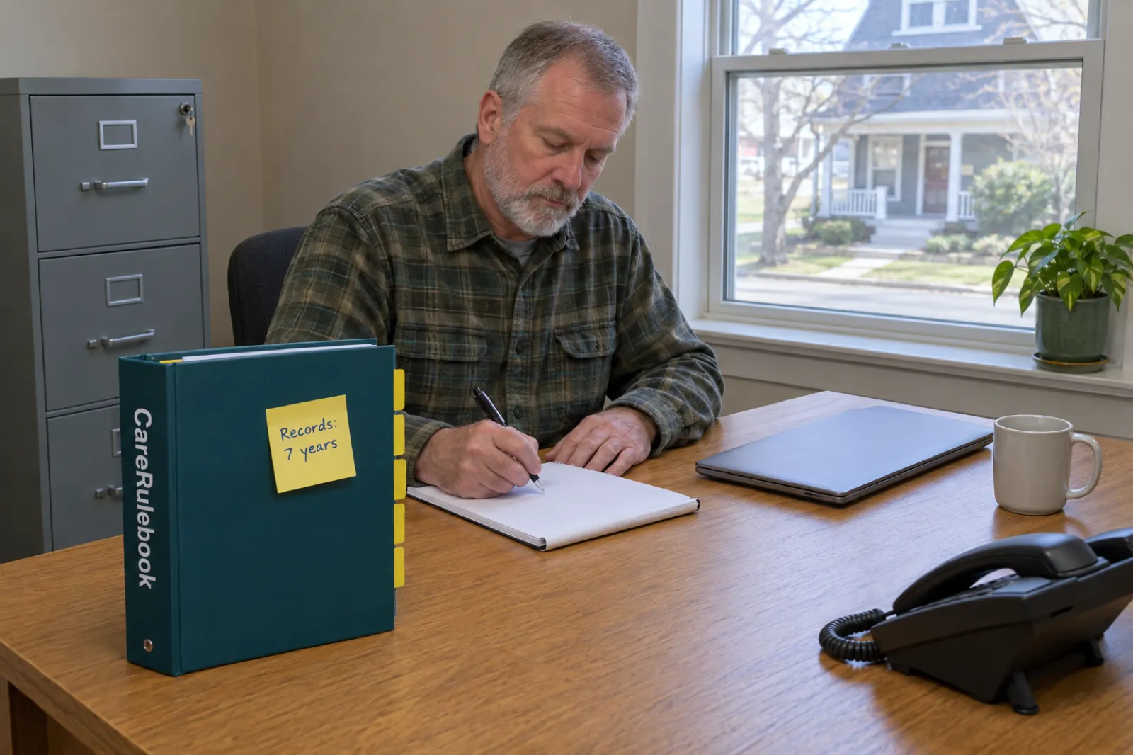 A man in a green flannel shirt writes at an oak desk in a spare-room home office beside a grey filing cabinet with a key in its lock, with a CareRulebook binder carrying a sticky note reading Records: 7 years, a closed laptop and a desk phone