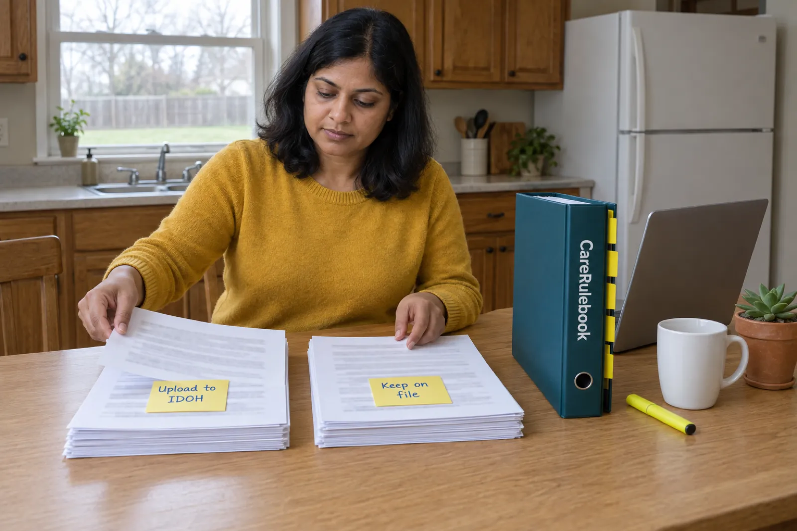 A home care founder in a mustard sweater sorts printed pages into two piles at a kitchen table, one with a sticky note reading Upload to IDOH and the other reading Keep on file, beside a CareRulebook binder, a laptop and a mug