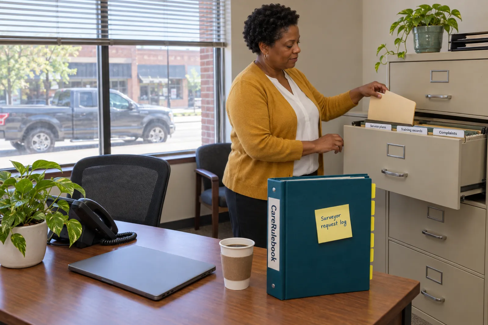 An agency manager in a mustard cardigan lifts a folder from an open filing cabinet drawer with tabs labelled Service plans, Training records and Complaints, beside a desk with a CareRulebook binder carrying a sticky note reading Surveyor request log, in a small storefront office with a pickup truck parked outside
