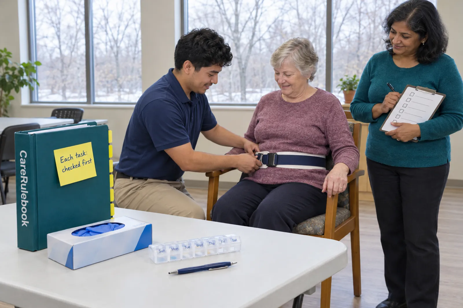 A new caregiver in a navy polo shirt fastens a gait belt around an older woman seated in a wooden armchair while a trainer in a teal sweater marks a checklist on a clipboard, beside a CareRulebook binder with a sticky note reading Each task: checked first, a box of gloves and a pill organizer, in a bright community room with winter trees outside