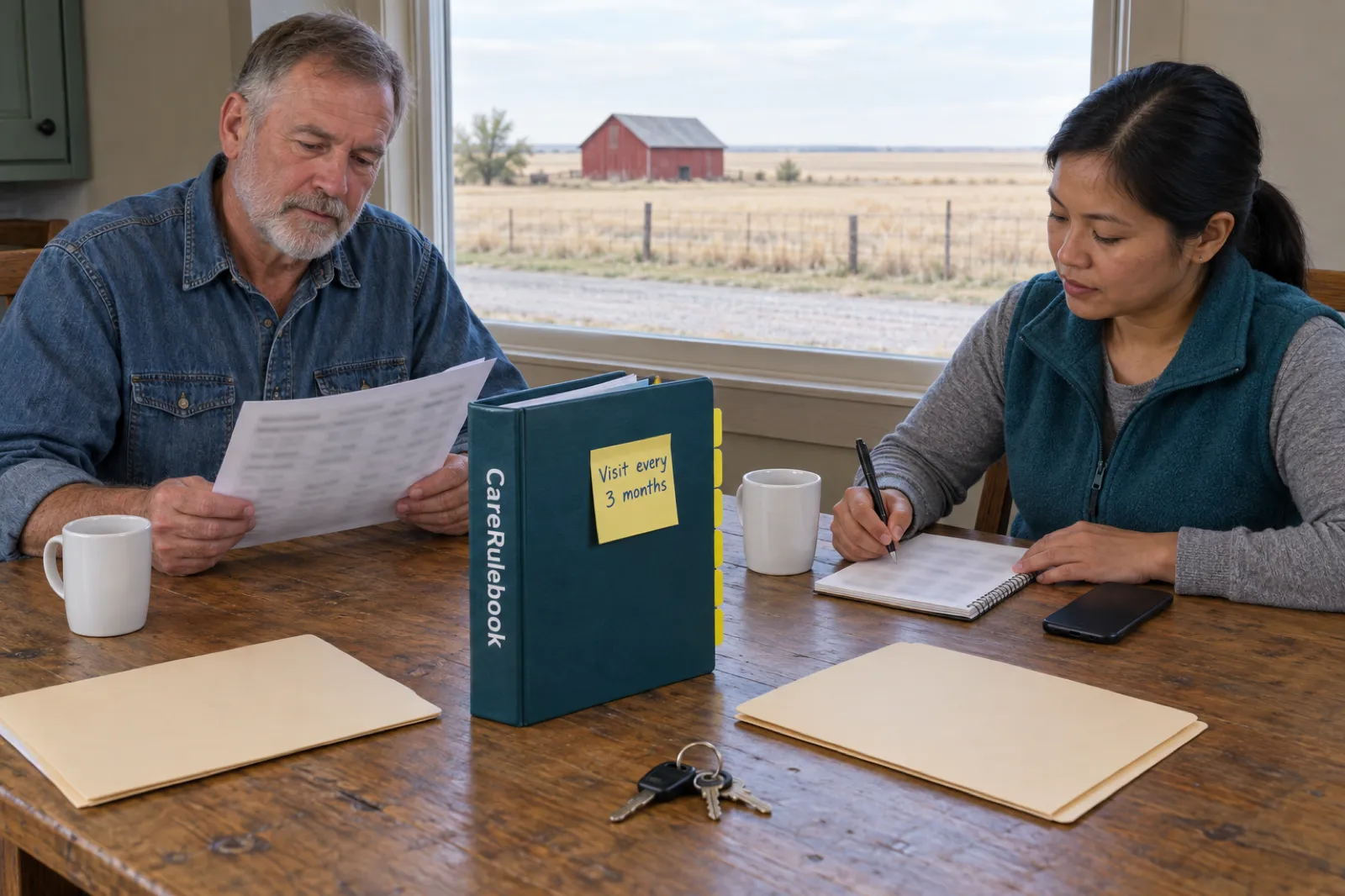 A grey-bearded man in a denim shirt reads a printed schedule at a farmhouse kitchen table while a woman in a teal fleece vest writes in a notebook, beside a CareRulebook binder with a sticky note reading Visit every 3 months, with a red barn and flat fields outside the window