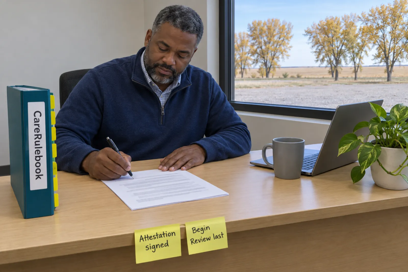 A man in a navy quarter-zip sweater signs a printed form at a maple desk beside a teal CareRulebook binder, with two sticky notes on the desk edge reading Attestation signed and Begin Review last, a gray mug, a laptop and a pothos plant, and cottonwood trees with yellow leaves and flat fields outside the window