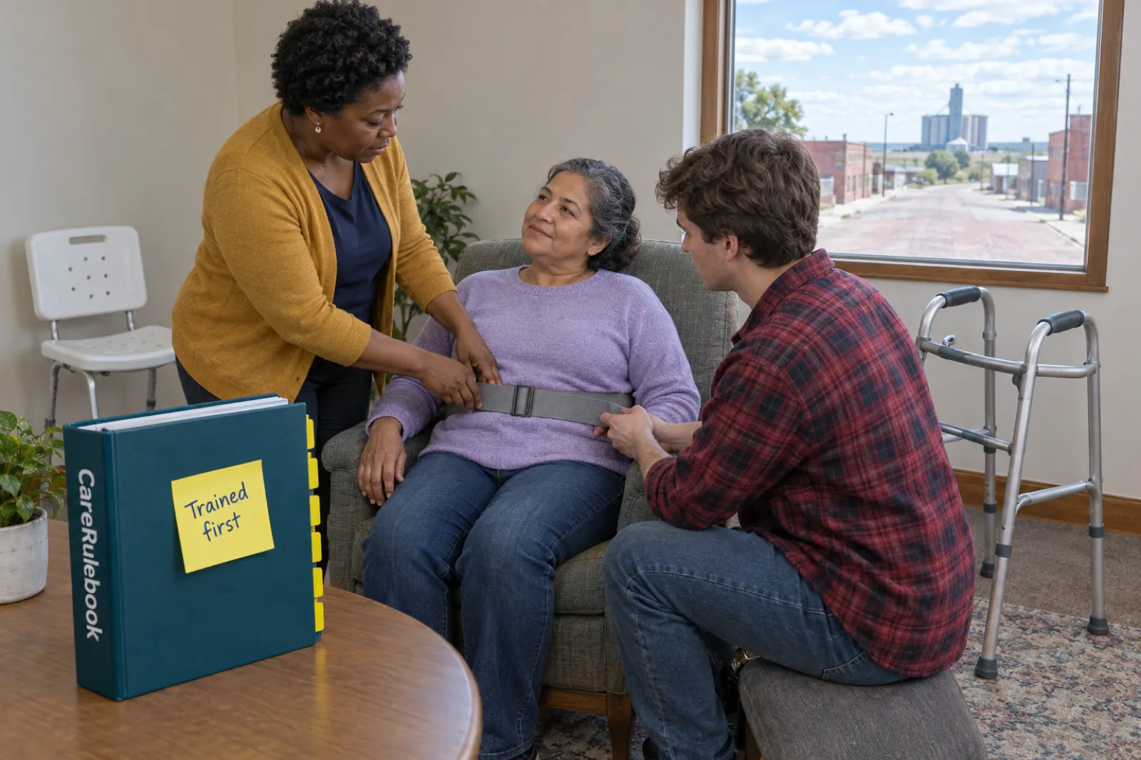 A woman in a mustard cardigan shows a young man in a red flannel shirt how to hold a grey gait belt around a smiling older woman seated in an armchair, with a walker and a shower chair nearby and a CareRulebook binder on a side table with a sticky note reading Trained first