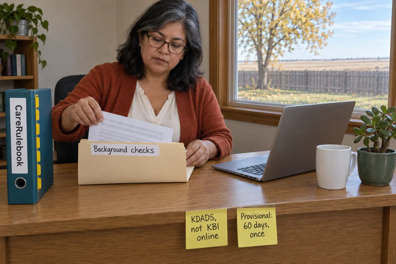 A woman with dark, gray-streaked hair and glasses, in a rust cardigan, slides a page into a manila folder labelled Background checks at a desk, beside a CareRulebook binder, a laptop and two sticky notes reading KDADS, not KBI online and Provisional: 60 days, once, with flat farmland outside the window