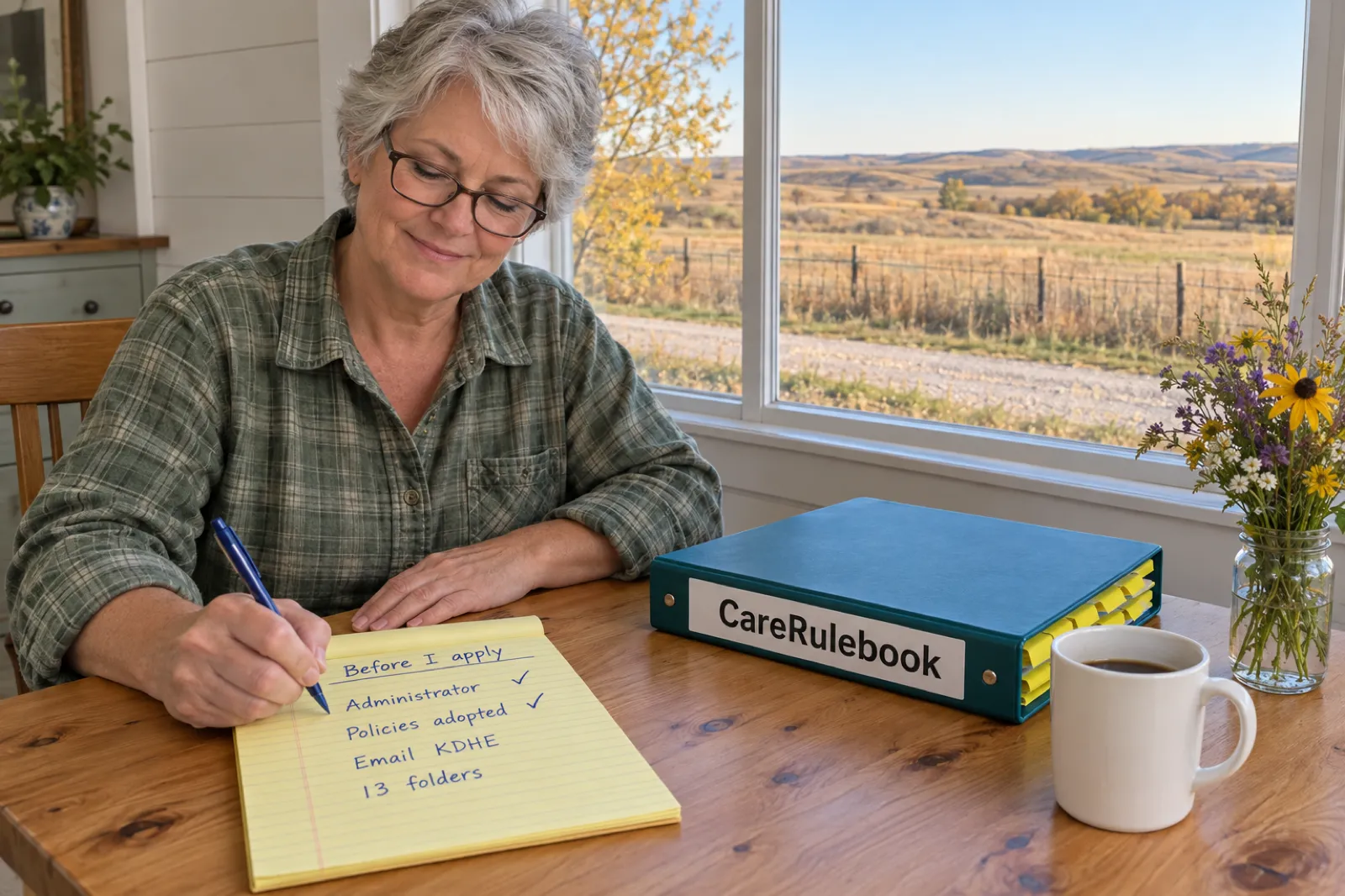 A woman in a sage green flannel shirt writes a list on a yellow legal pad headed Before I apply, reading Administrator, Policies adopted, Email KDHE and 13 folders, with the first two ticked, beside a teal CareRulebook binder, a mug of coffee and a jar of wildflowers at a kitchen table looking out over a gravel lane and prairie