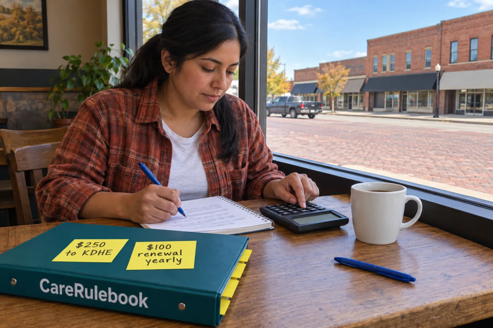 A woman with a dark ponytail, in a rust plaid flannel shirt, writes in a spiral notebook and taps a calculator at a coffee shop window table beside a CareRulebook binder with sticky notes reading $250 to KDHE and $100 renewal yearly, a white mug and a blue pen, with a brick street, a parked pickup truck and brick storefronts outside