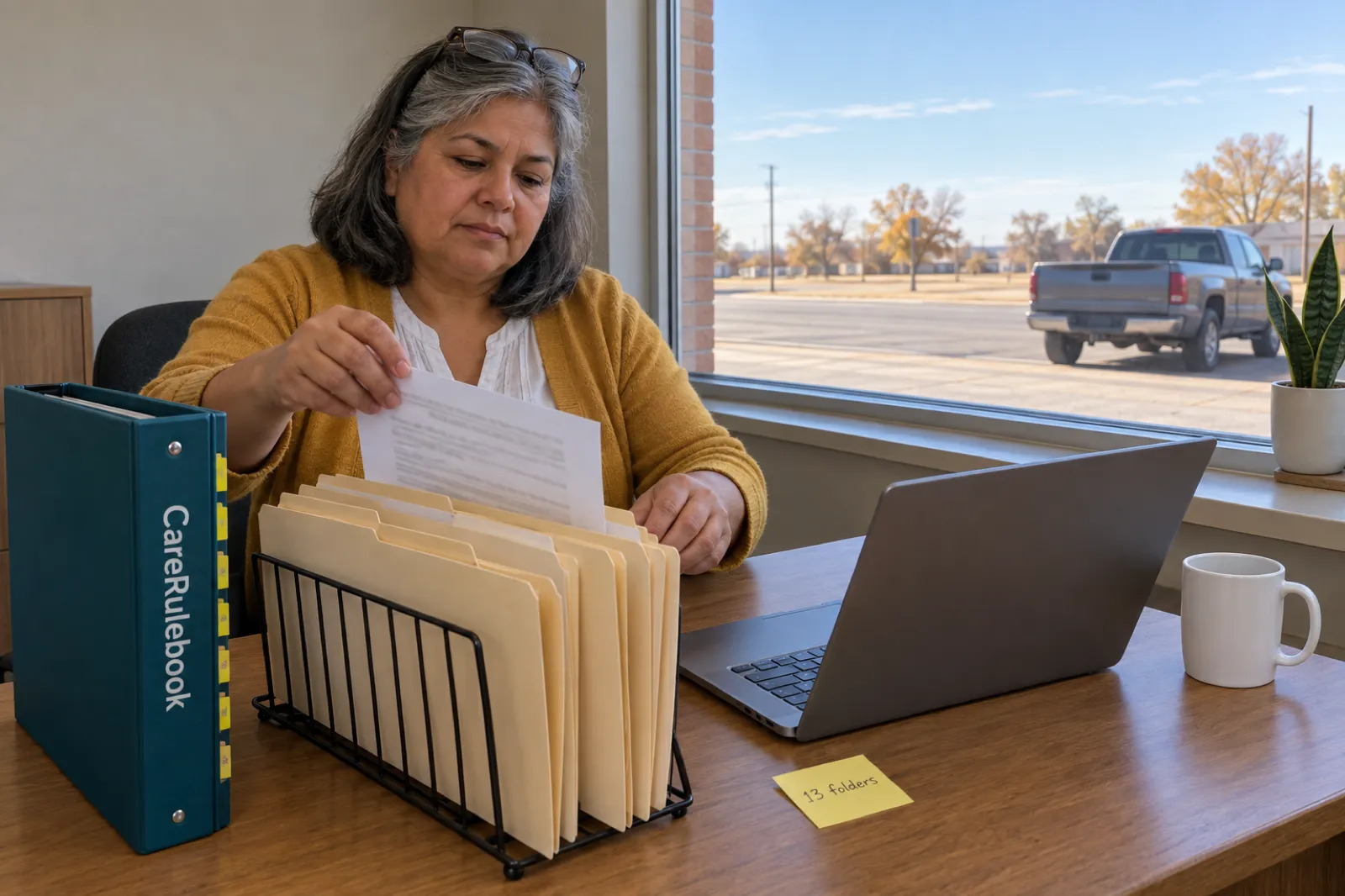 A woman in a mustard cardigan slides a printed page into manila folders in a wire file sorter on an oak desk, beside a teal CareRulebook binder with yellow tabs, a laptop and a sticky note reading 13 folders, with a pickup truck parked on a wide street outside the window