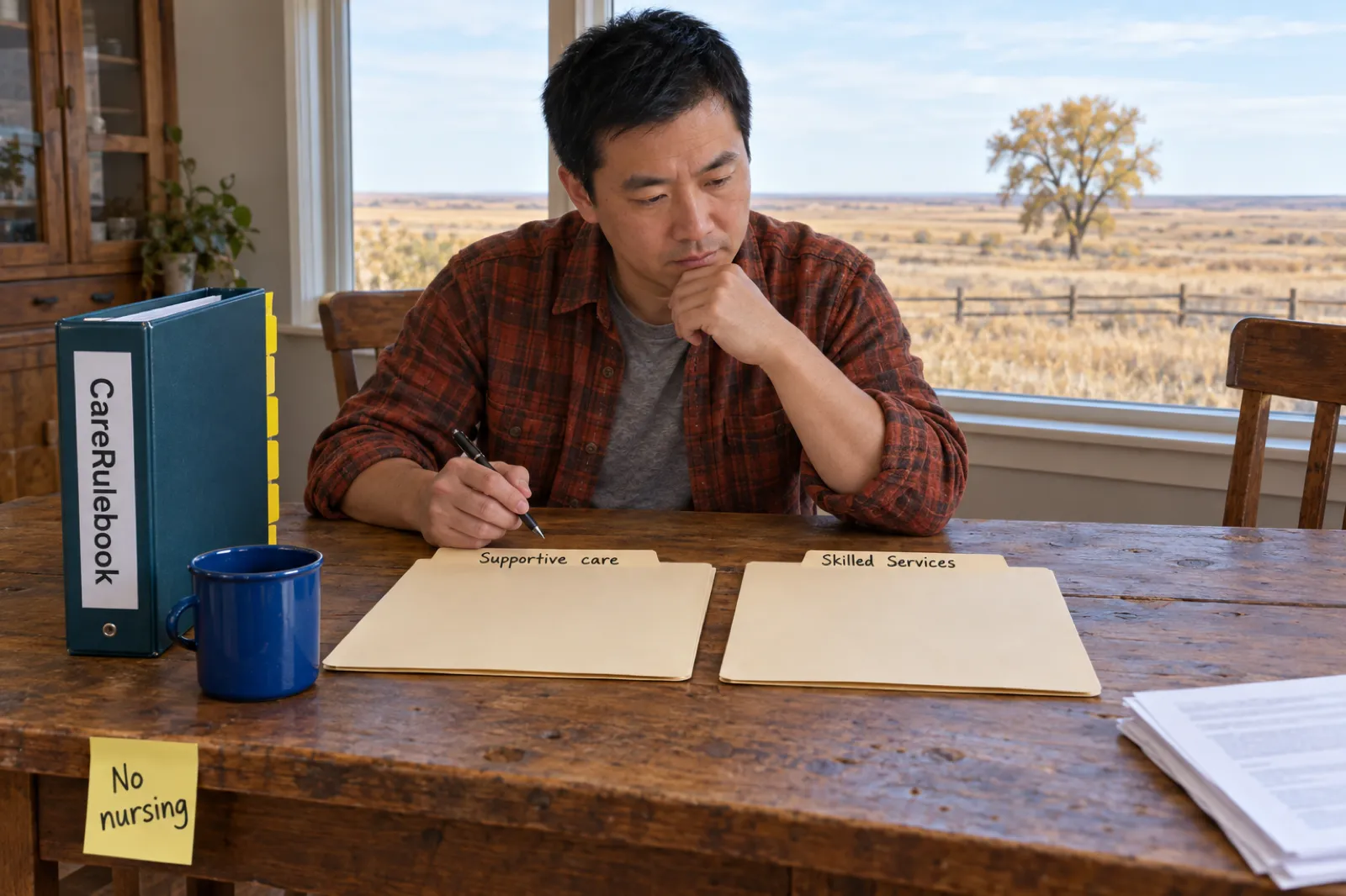 A man in a rust plaid flannel shirt at a farmhouse kitchen table, pen in hand, looks down at two manila folders labelled Supportive care and Skilled Services, beside a CareRulebook binder, a blue enamel mug and a sticky note reading No nursing, with prairie, a fence and a lone tree outside the window