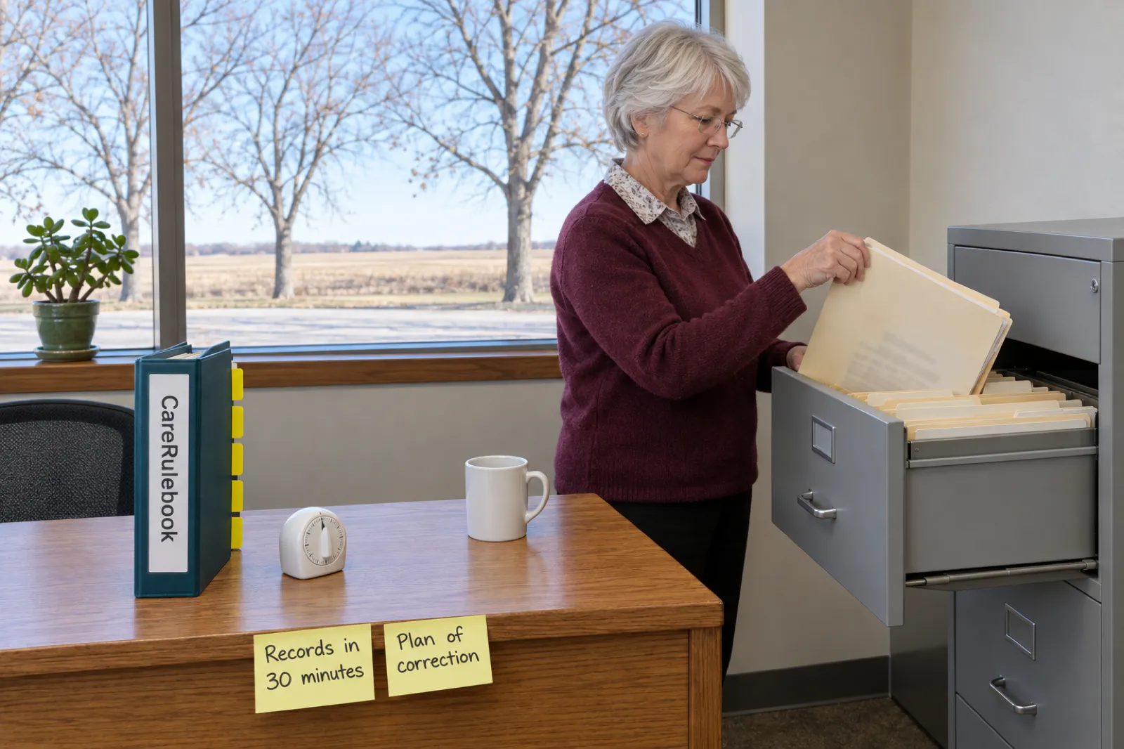 A woman with short silver hair in a burgundy sweater lifts a manila file from an open gray filing cabinet beside a desk with a CareRulebook binder, a white kitchen timer, a mug and two sticky notes reading Records in 30 minutes and Plan of correction, with bare trees and a field outside the window