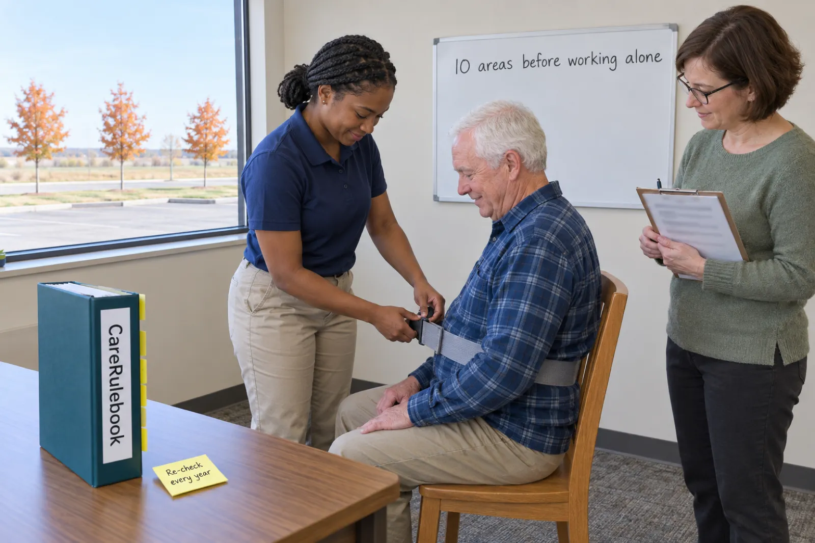 In a bright office training corner, a young caregiver in a navy polo fastens a gray gait belt around an older man seated on a wooden chair while a manager with a clipboard watches; a whiteboard reads 10 areas before working alone, and a CareRulebook binder and a sticky note reading Re-check every year sit on a table