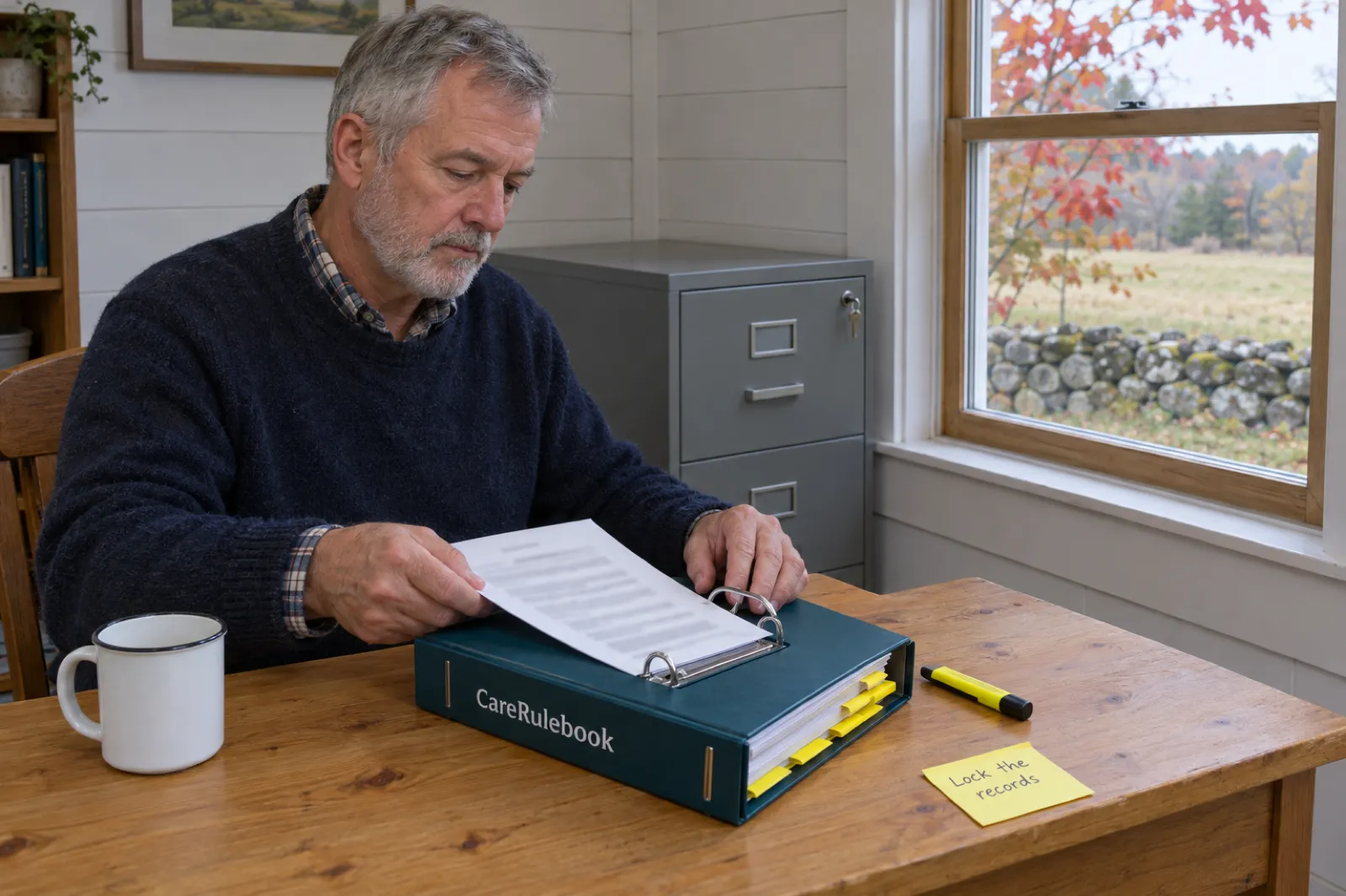 A grey-haired man in a navy sweater slides a printed page into a teal CareRulebook binder at a pine desk in a farmhouse office, beside a locked grey filing cabinet and a sticky note reading Lock the records, with autumn maples and a stone wall outside the window