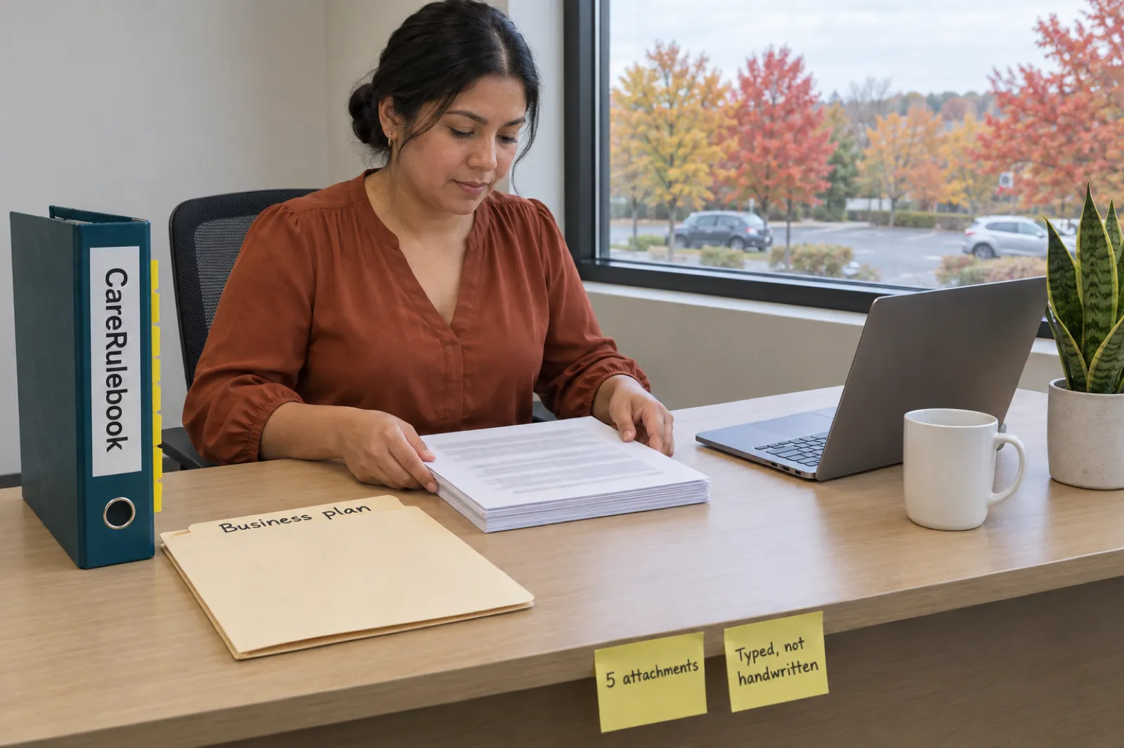 A woman in a rust-colored blouse squares a stack of printed pages at a desk beside a CareRulebook binder, a folder labelled Business plan and two sticky notes reading 5 attachments and Typed, not handwritten, with a laptop, a white mug and a snake plant, and autumn maples and a parking lot outside the window