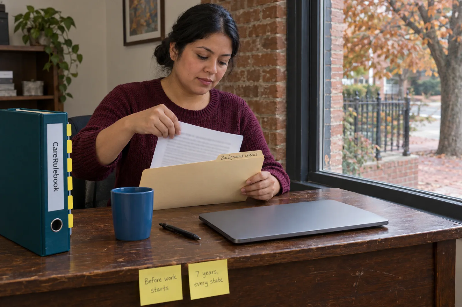 A woman in a burgundy sweater slides a printed page into a manila folder labelled Background checks at a wooden desk, beside a CareRulebook binder, a blue mug, a closed laptop and two sticky notes reading Before work starts and 7 years, every state, with a brick sidewalk and an autumn tree outside the window