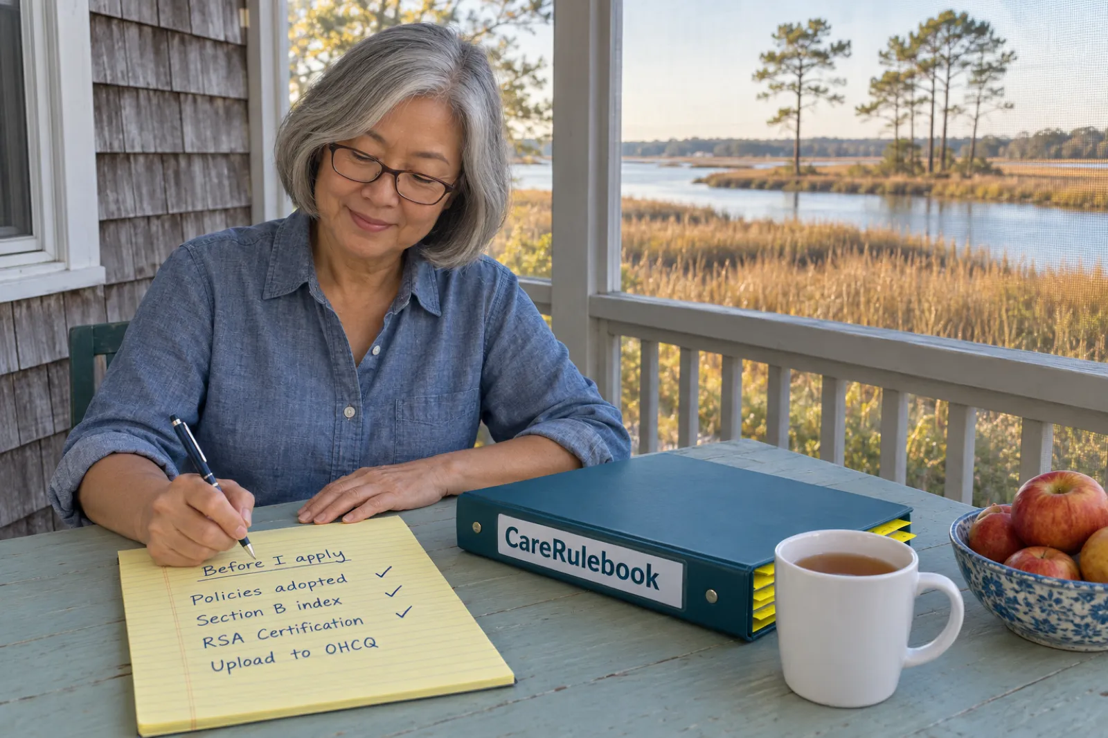 A woman in a chambray shirt writes a list on a yellow legal pad headed Before I apply, reading Policies adopted, Section B index, RSA Certification and Upload to OHCQ, with the first three ticked, beside a CareRulebook binder, a mug of tea and a bowl of apples on a screened porch looking out over marsh grass and a creek