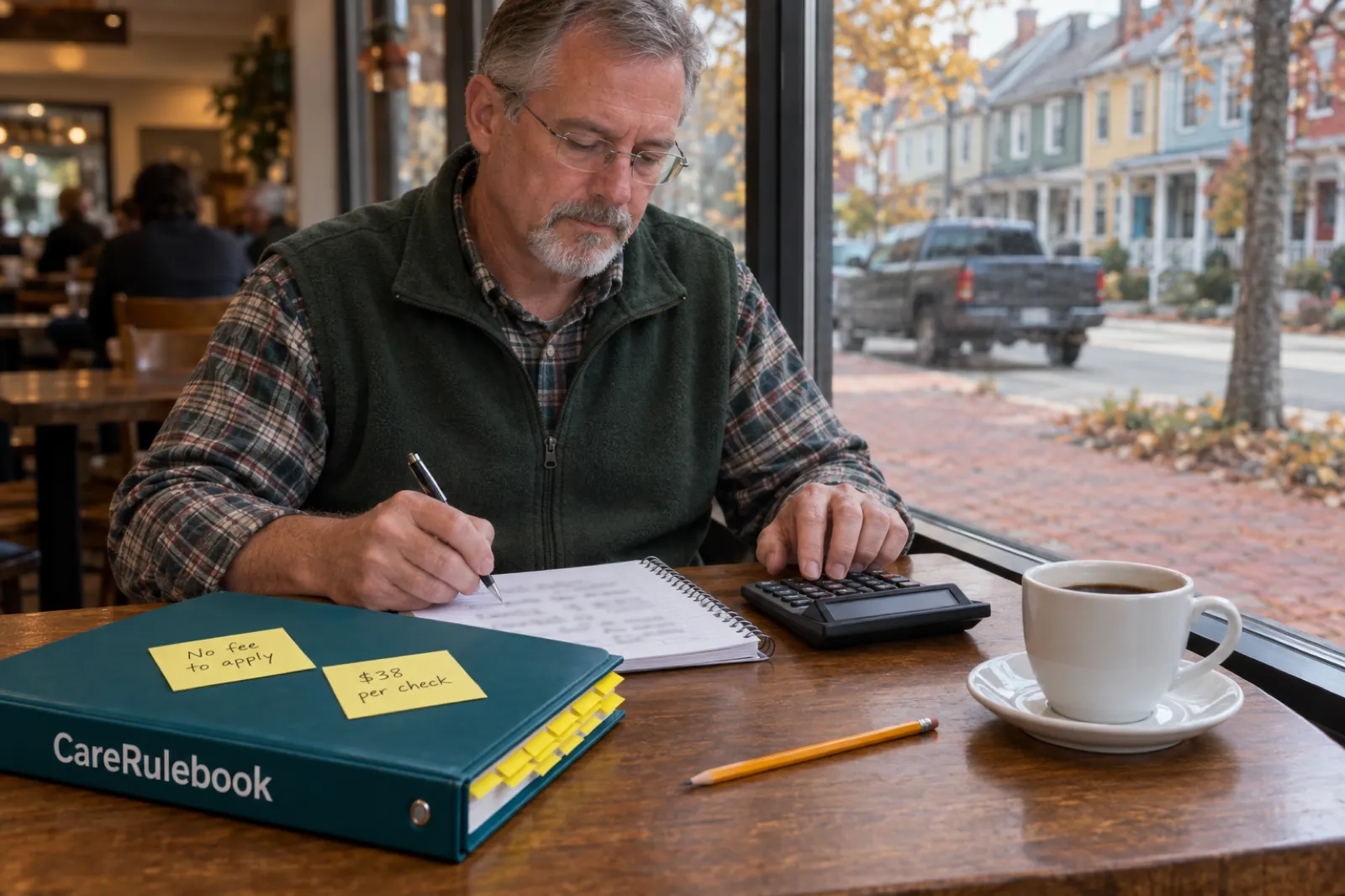 A man with a grey goatee and rimless glasses, in a green fleece vest over a flannel shirt, writes in a spiral notebook and taps a calculator at a coffee shop window table beside a CareRulebook binder with sticky notes reading No fee to apply and $38 per check, a cup of coffee and a pencil, with painted wooden houses and a pickup truck outside