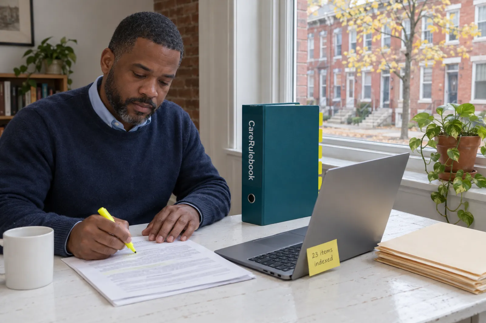 A man in a navy sweater highlights a printed page at a white table beside a teal CareRulebook binder and a laptop with a sticky note reading 23 items indexed, with brick rowhouses and a yellow-leaved tree outside the window