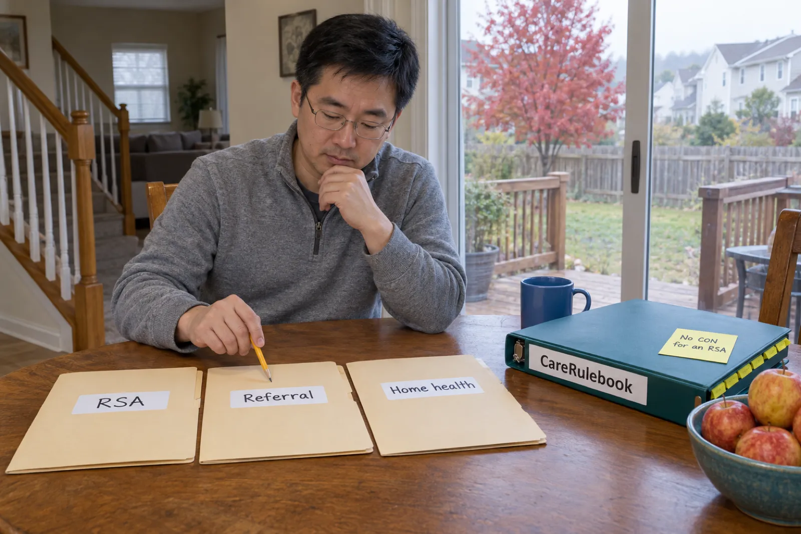 A man in a grey pullover at a kitchen table points a pencil at the middle of three manila folders labelled RSA, Referral and Home health, beside a CareRulebook binder with a sticky note reading No CON for an RSA and a bowl of apples, with a deck and a red maple outside the sliding door