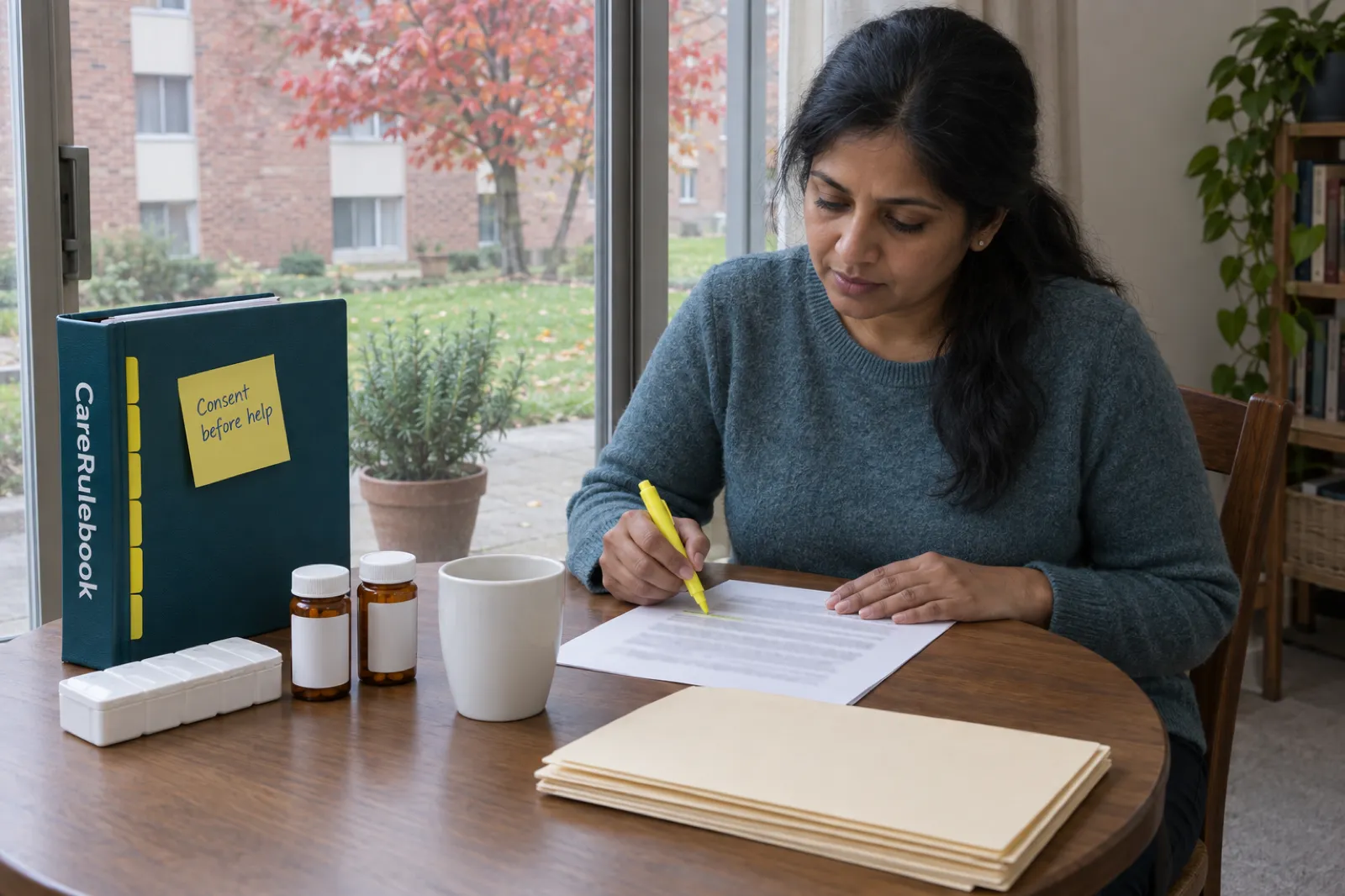 A woman with long dark hair in a teal-grey sweater highlights a printed page at a round wooden table beside a teal CareRulebook binder with a sticky note reading Consent before help, a closed weekly pill box, two amber bottles with blank labels and a white mug, with a brick apartment building and a red-leaved tree outside the glass door