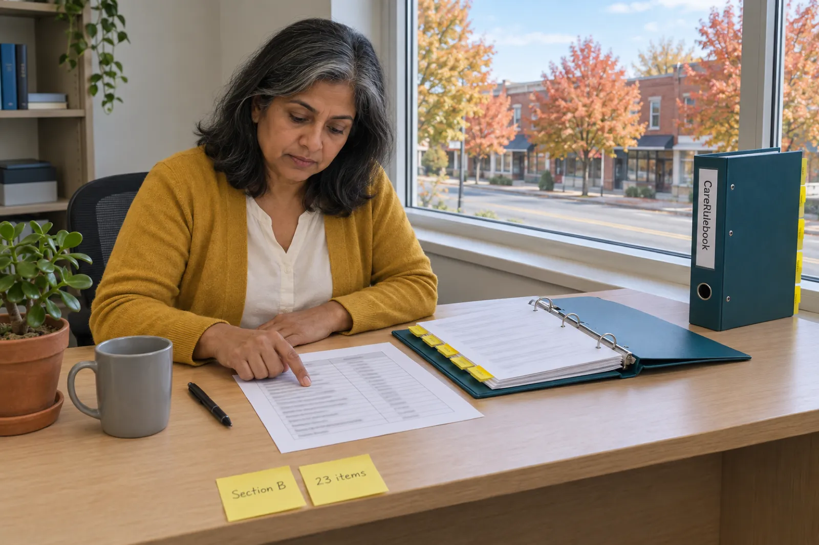 A woman with grey-streaked dark hair in a mustard cardigan runs her finger down a printed table at a light oak desk, beside an open teal binder with yellow tabs, an upright CareRulebook binder, a grey mug, a pen, a jade plant and two sticky notes reading Section B and 23 items, with autumn trees and brick storefronts outside the window
