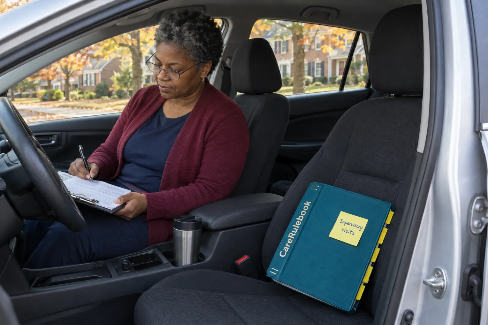 A woman with short grey-streaked hair and reading glasses, in a burgundy cardigan, writes on a clipboard in the driver’s seat of a parked car, with a teal CareRulebook binder on the passenger seat carrying a sticky note reading Supervisory visits, and brick houses and autumn trees outside
