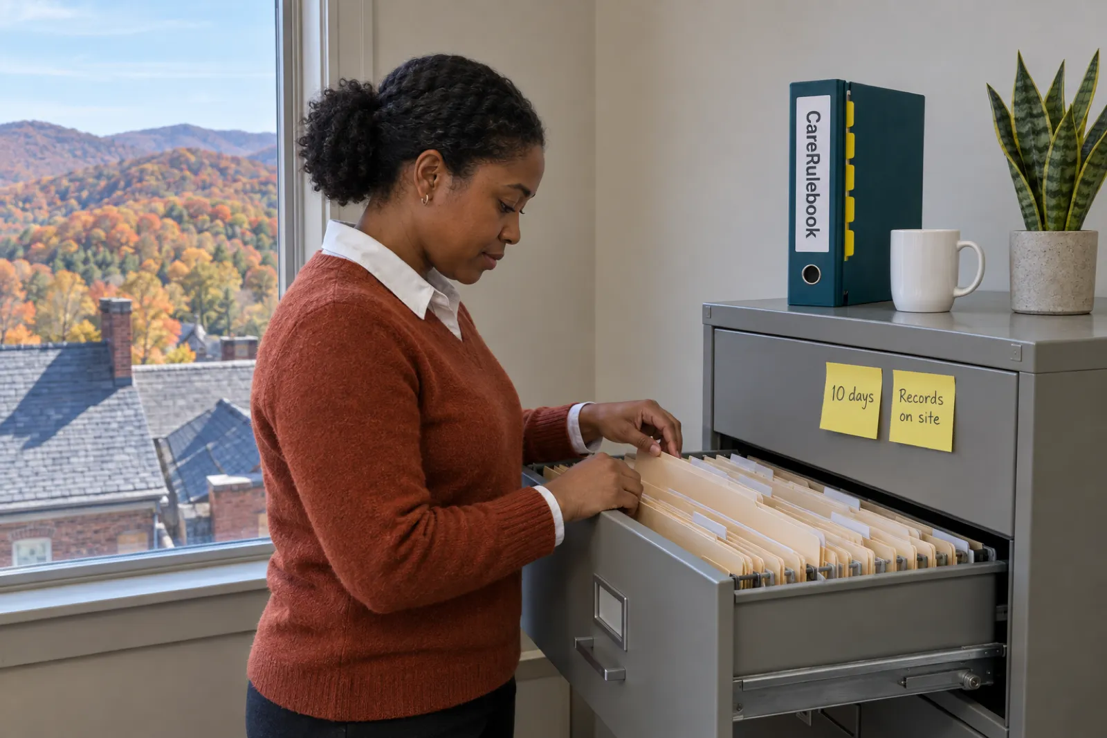 A woman in a rust sweater looks through hanging folders in an open grey filing cabinet, with a CareRulebook binder, a white mug and a snake plant on top and two sticky notes on the drawer reading 10 days and Records on site, with autumn-colored wooded ridges and slate roofs outside the window
