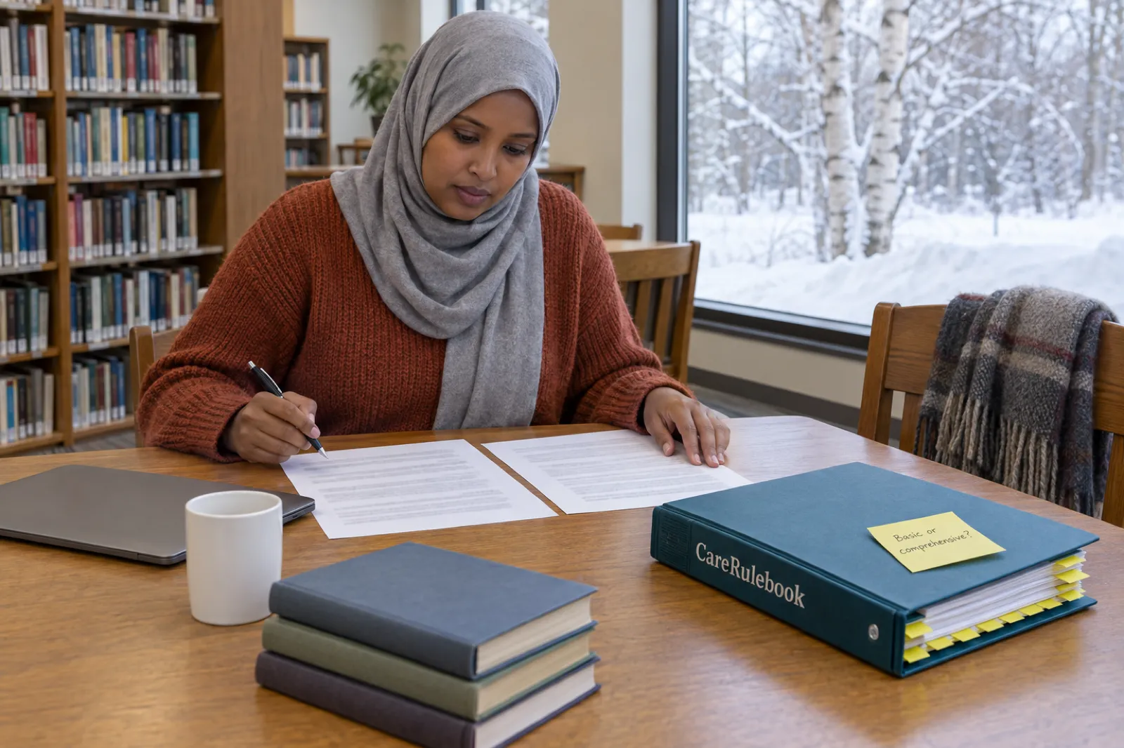 A woman in a grey hijab and a rust sweater compares two printed pages at a library table, beside a teal CareRulebook binder with a sticky note reading Basic or comprehensive?, with snow and birch trees outside the window