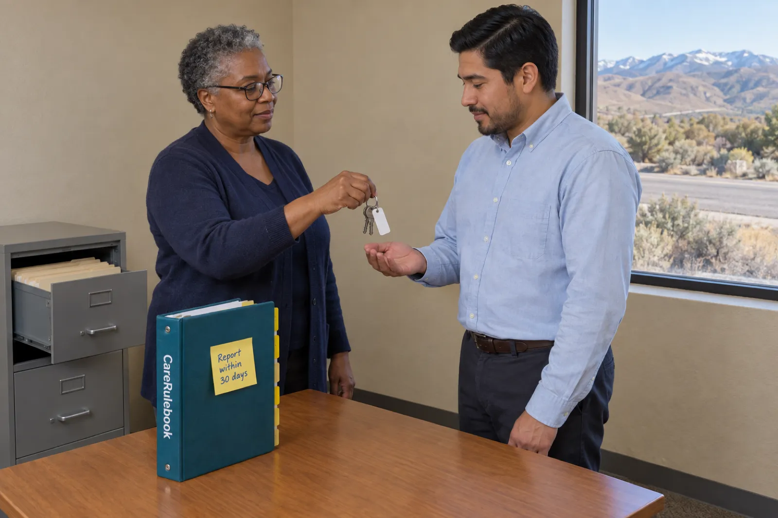 A woman with short grey hair and glasses in a navy cardigan hands a ring of keys with a blank tag to a man in a light blue shirt in a small office, beside an open filing cabinet drawer and a CareRulebook binder with a sticky note reading Report within 30 days, with sagebrush and snow-capped mountains outside the window