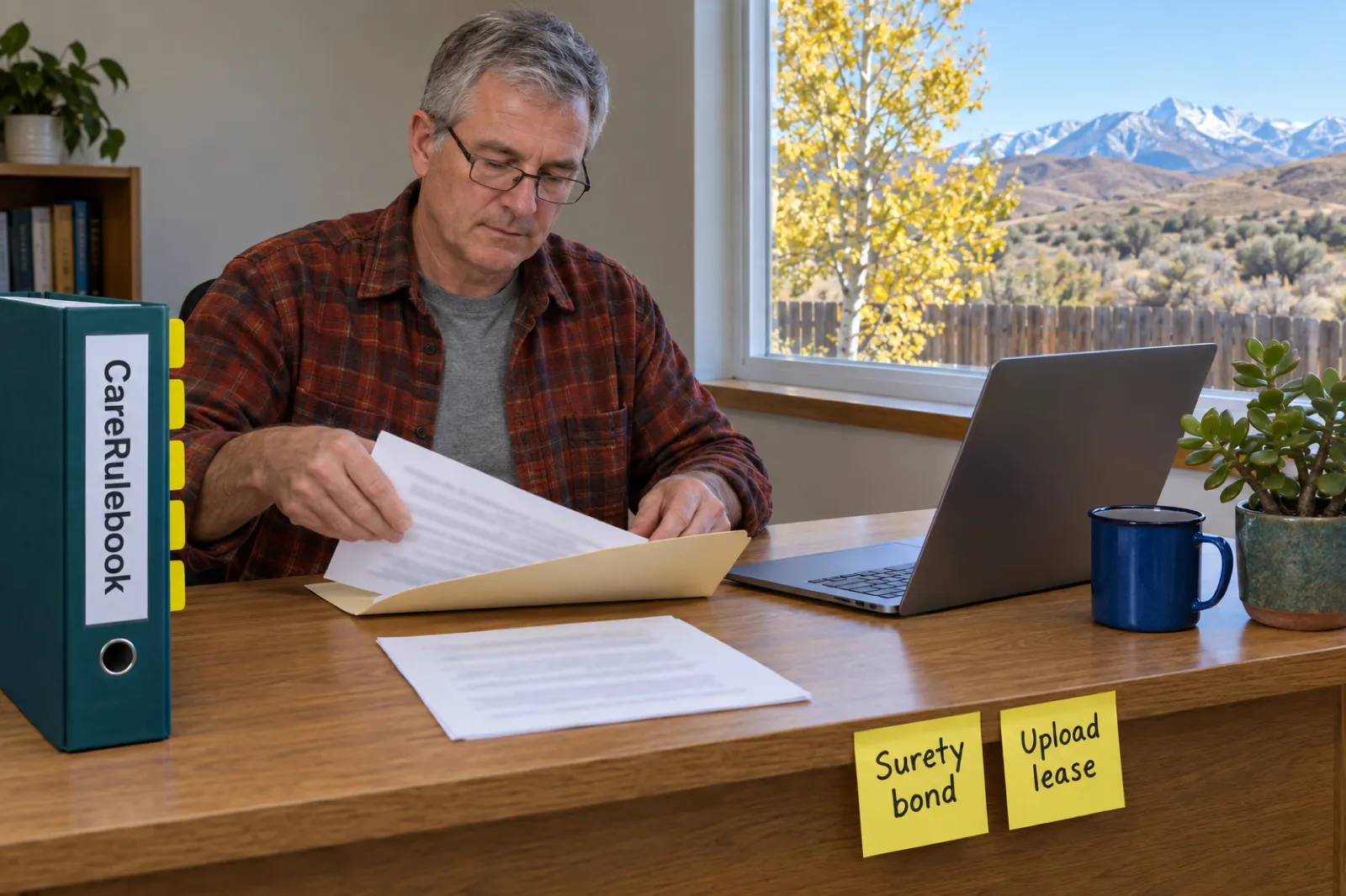 A man with gray hair and glasses in a rust flannel shirt slides papers into a manila folder at an oak desk beside a teal CareRulebook binder, with two sticky notes on the desk edge reading Surety bond and Upload lease, a blue mug, a laptop and a jade plant, and a yellow aspen, sagebrush hills and snowy mountains outside the window